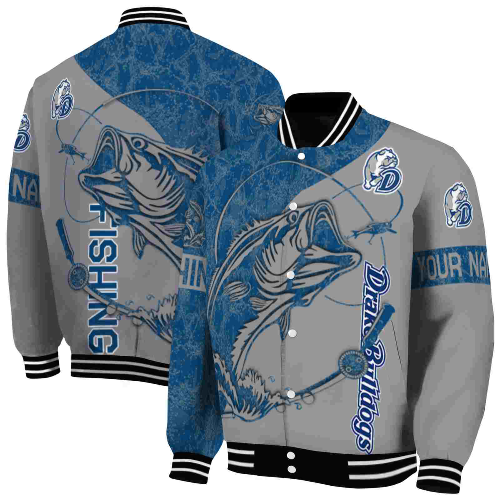 NcaaPersonalized Drake Bulldogs Fishing Rod Gray Custom Baseball Jacket Sport Fans Gear