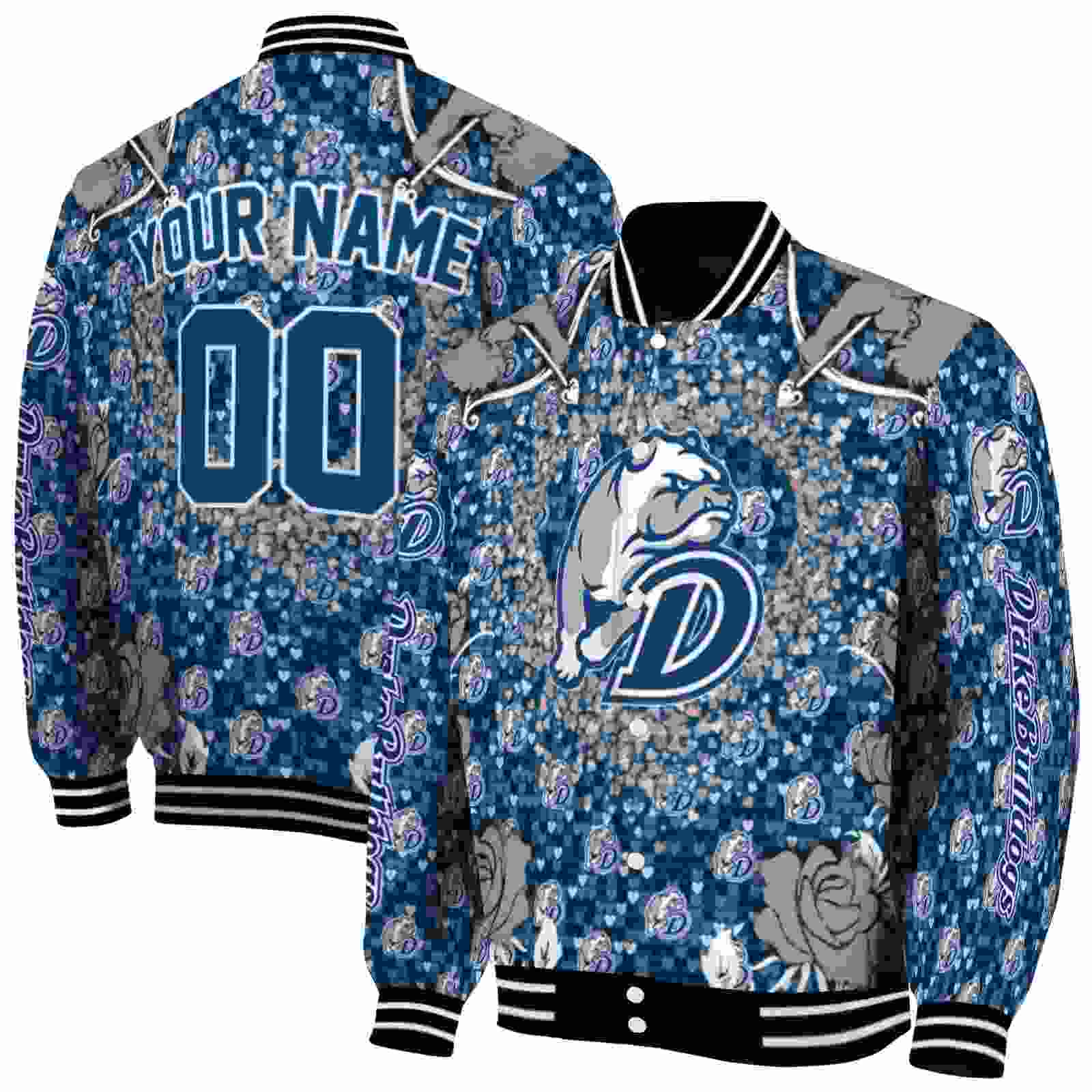NcaaPersonalized Drake Bulldogs Heart Explosion Blue Custom Baseball Jacket Sport Fans Gear