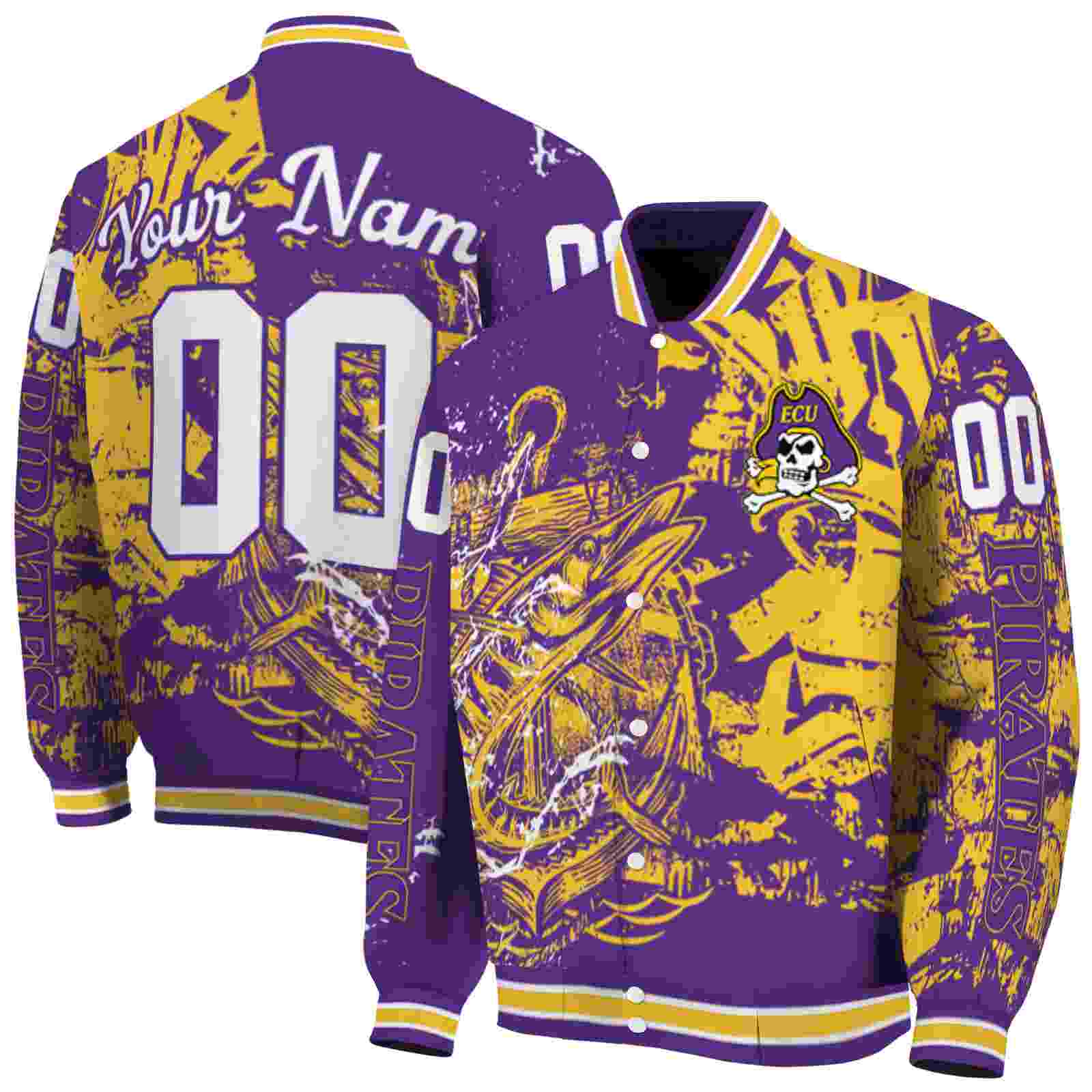 NcaaPersonalized East Carolina Pirates Fishing Art Purple Custom Baseball Jacket Sport Fans Gear