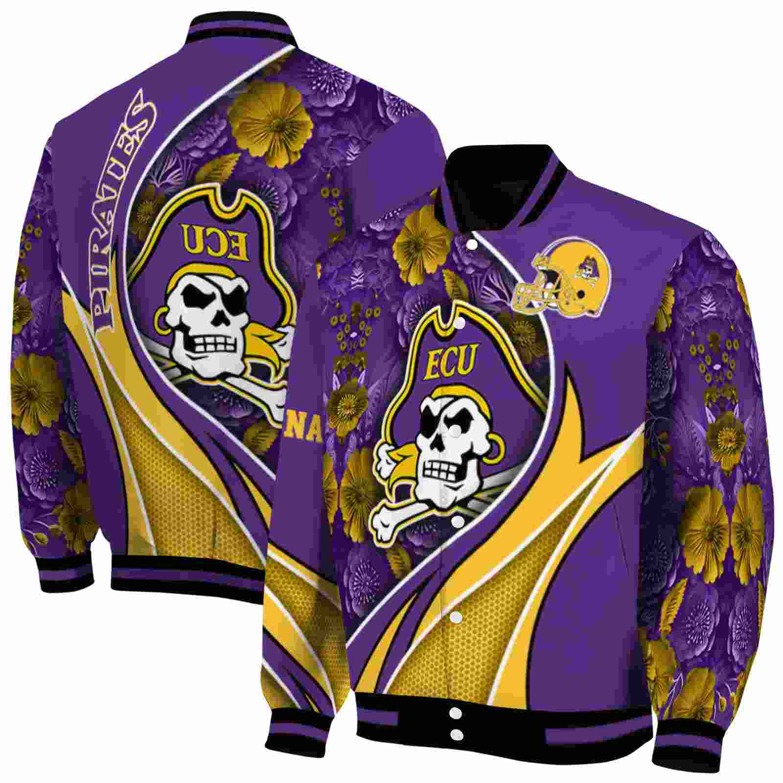 NcaaPersonalized East Carolina Pirates Floral Print Purple Custom Baseball Jacket Sport Fans Gear