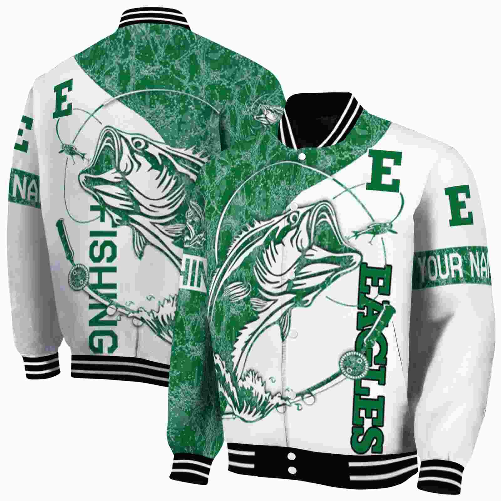 NcaaPersonalized Eastern Michigan Eagles Fishing Rod White Custom Baseball Jacket Sport Fans Gear