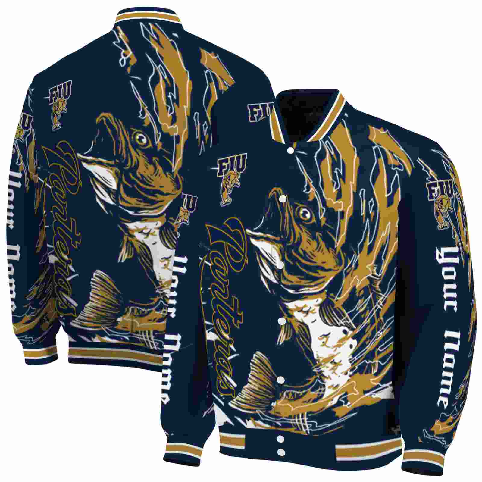 NcaaPersonalized FIU Panthers Fishing Passion Blue White Custom Baseball Jacket Sport Fans Gear
