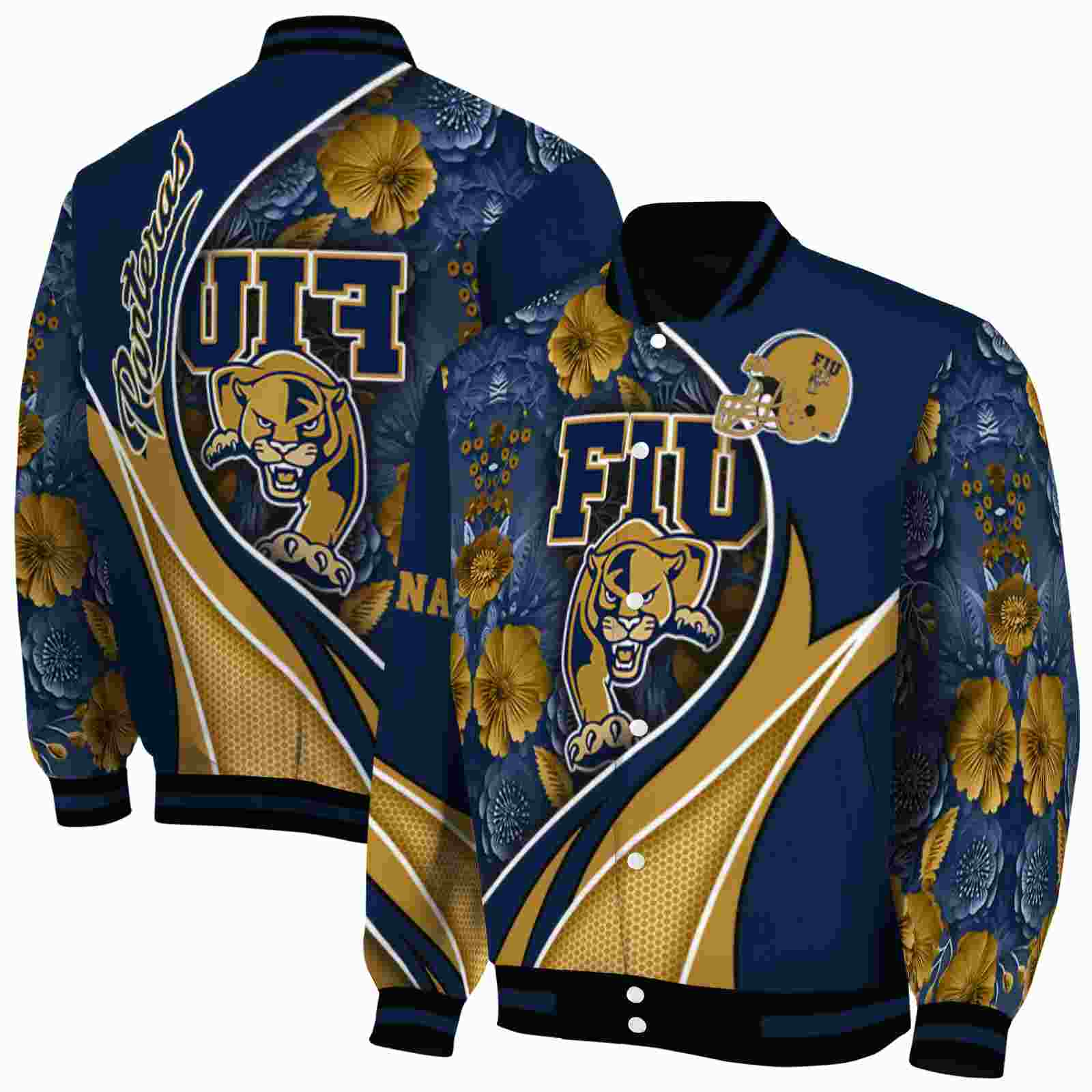 NcaaPersonalized FIU Panthers Floral Print Blue Custom Baseball Jacket Sport Fans Gear