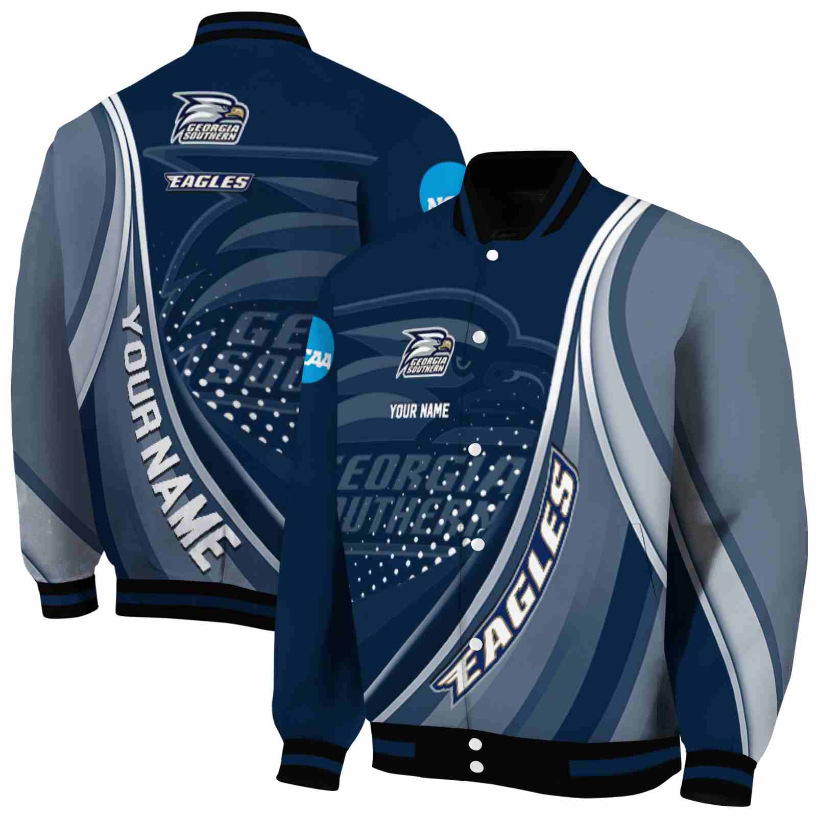 NcaaPersonalized Georgia Southern Eagles Wave Patterns Blue Custom Baseball Jacket Sport Fans Gear