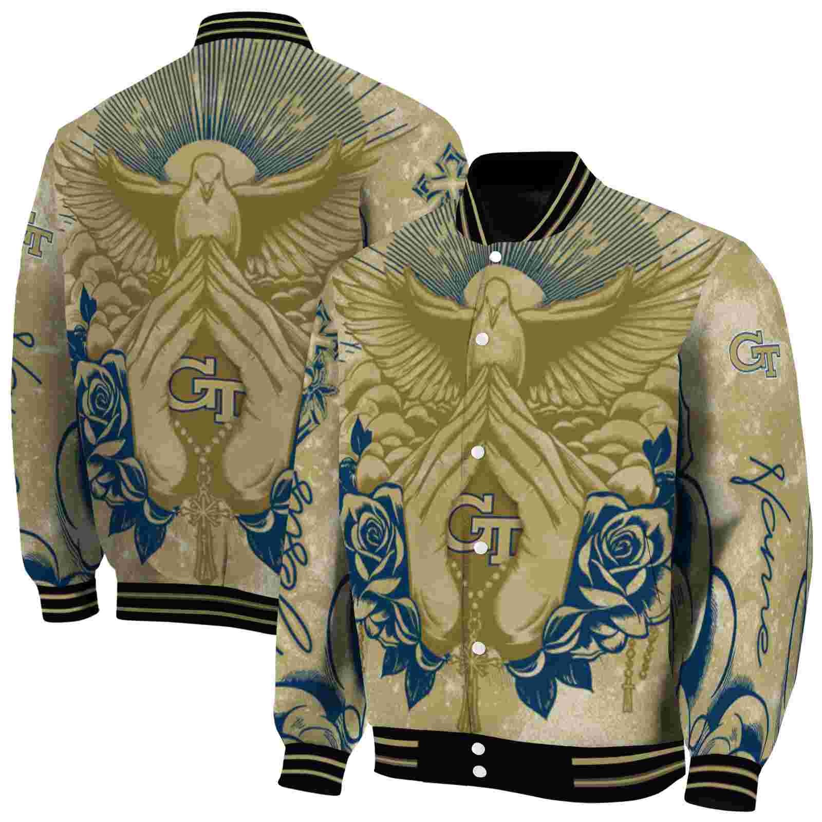 NcaaPersonalized Georgia Tech Yellow Custom Baseball Jacket Sport Fans Gears Praying Hands Gold Custom Baseball Jacket Sport Fans Gear