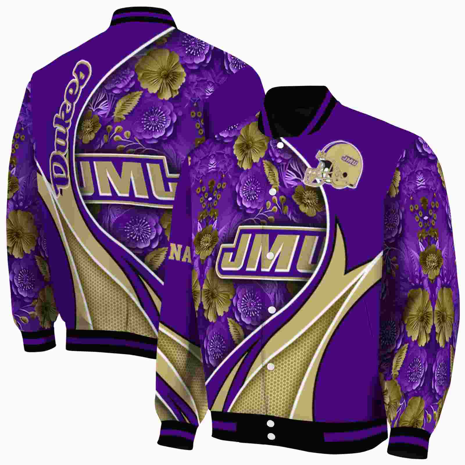 NcaaPersonalized James Madison Dukes Floral Print Purple Custom Baseball Jacket Sport Fans Gear