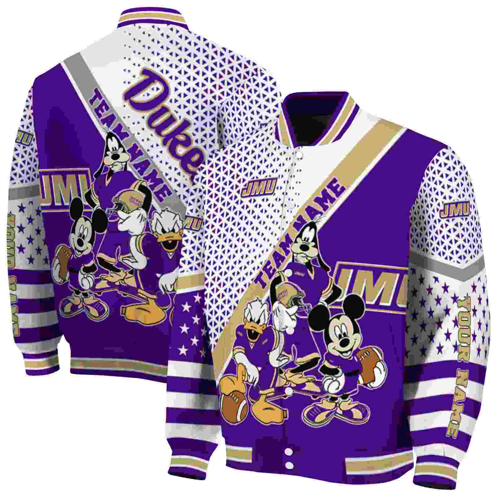 NcaaPersonalized James Madison Dukes Mickey Donald Goofy Purple White Custom Baseball Jacket Sport Fans Gear