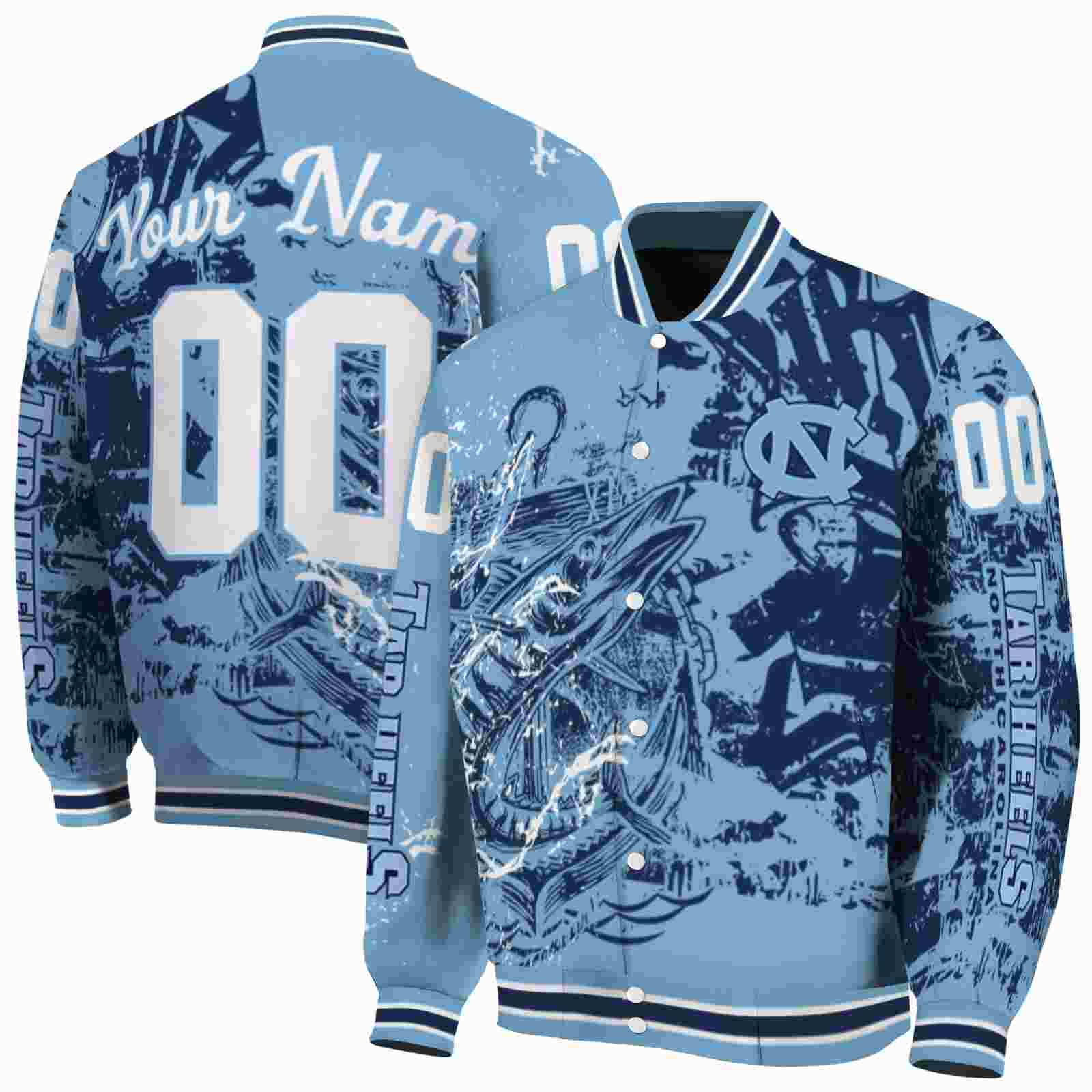 NcaaPersonalized North Carolina Tar Heels Fishing Art Light Blue Custom Baseball Jacket Sport Fans Gear