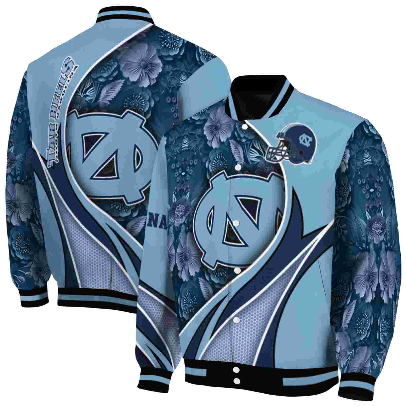 NcaaPersonalized North Carolina Tar Heels Floral Print Light Blue Custom Baseball Jacket Sport Fans Gear