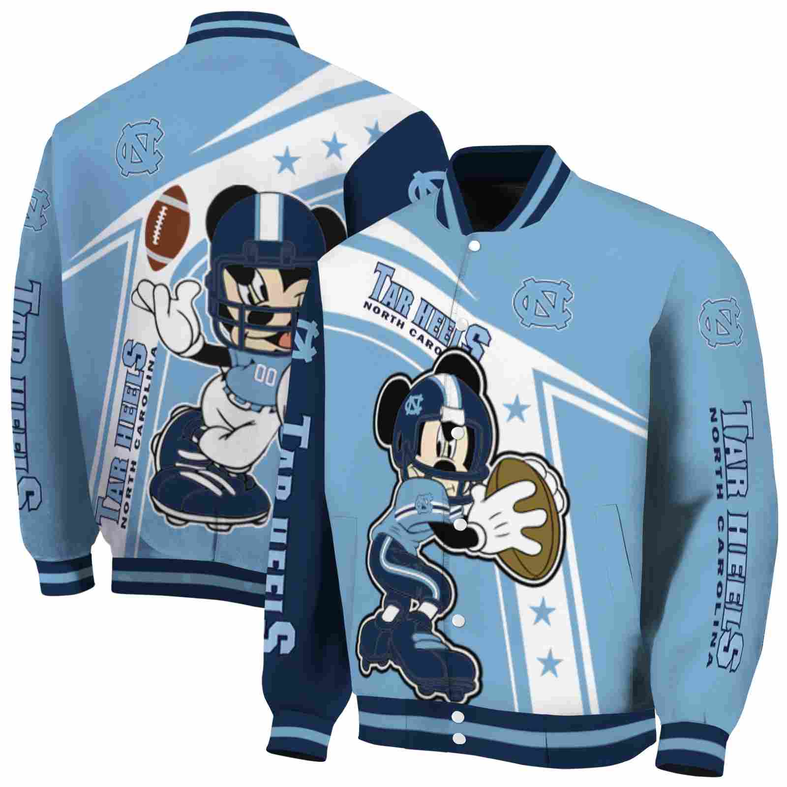 NcaaPersonalized North Carolina Tar Heels Mickey Football Light Blue White Custom Baseball Jacket Sport Fans Gear