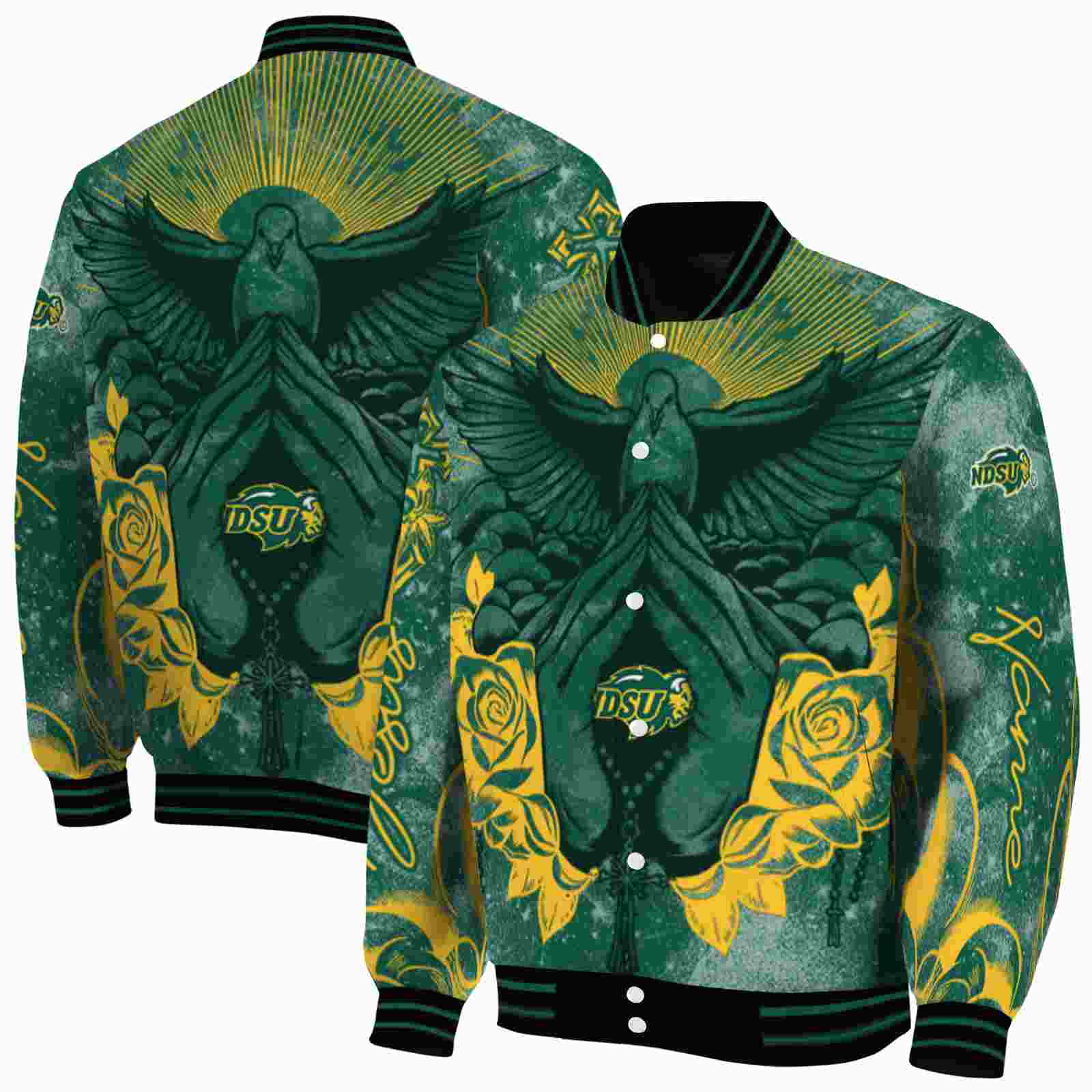 NcaaPersonalized North Dakota State Bison Praying Hands Green Custom Baseball Jacket Sport Fans Gear