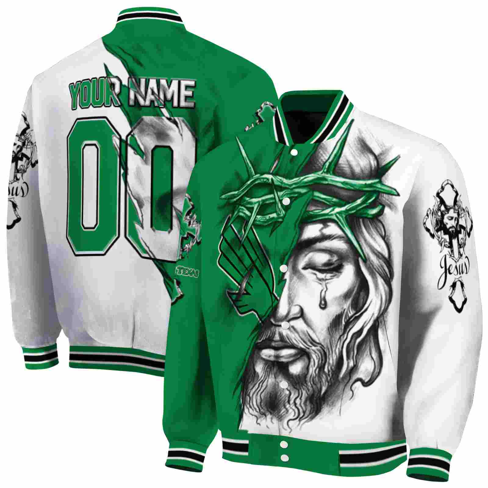 NcaaPersonalized North Texas Mean Green Jesus Tears Green White Custom Baseball Jacket Sport Fans Gear