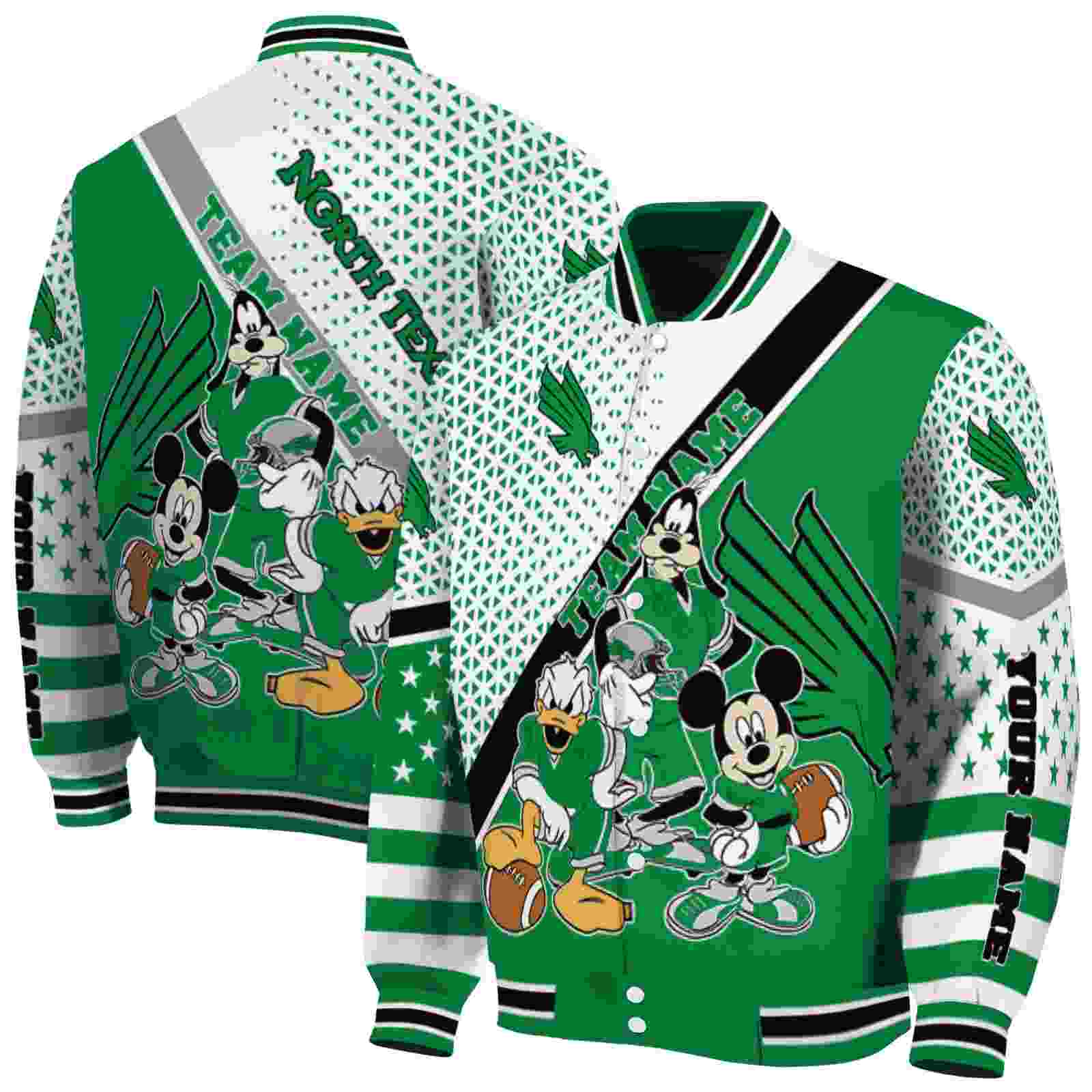 NcaaPersonalized North Texas Mean Green Mickey Donald Goofy Green White Custom Baseball Jacket Sport Fans Gear