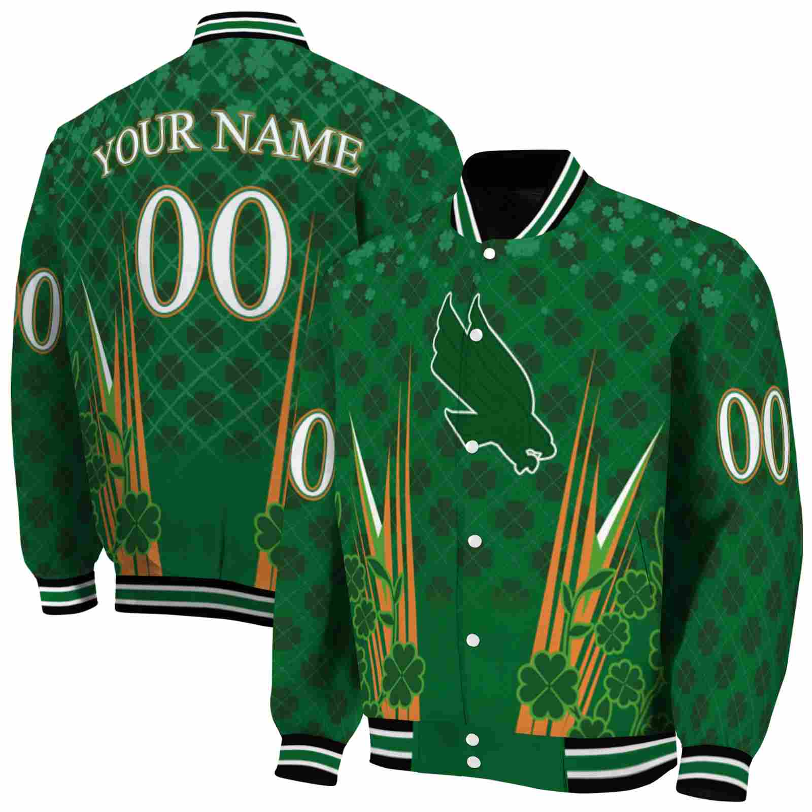NcaaPersonalized North Texas Mean Green Shamrock Pattern Green Custom Baseball Jacket Sport Fans Gear