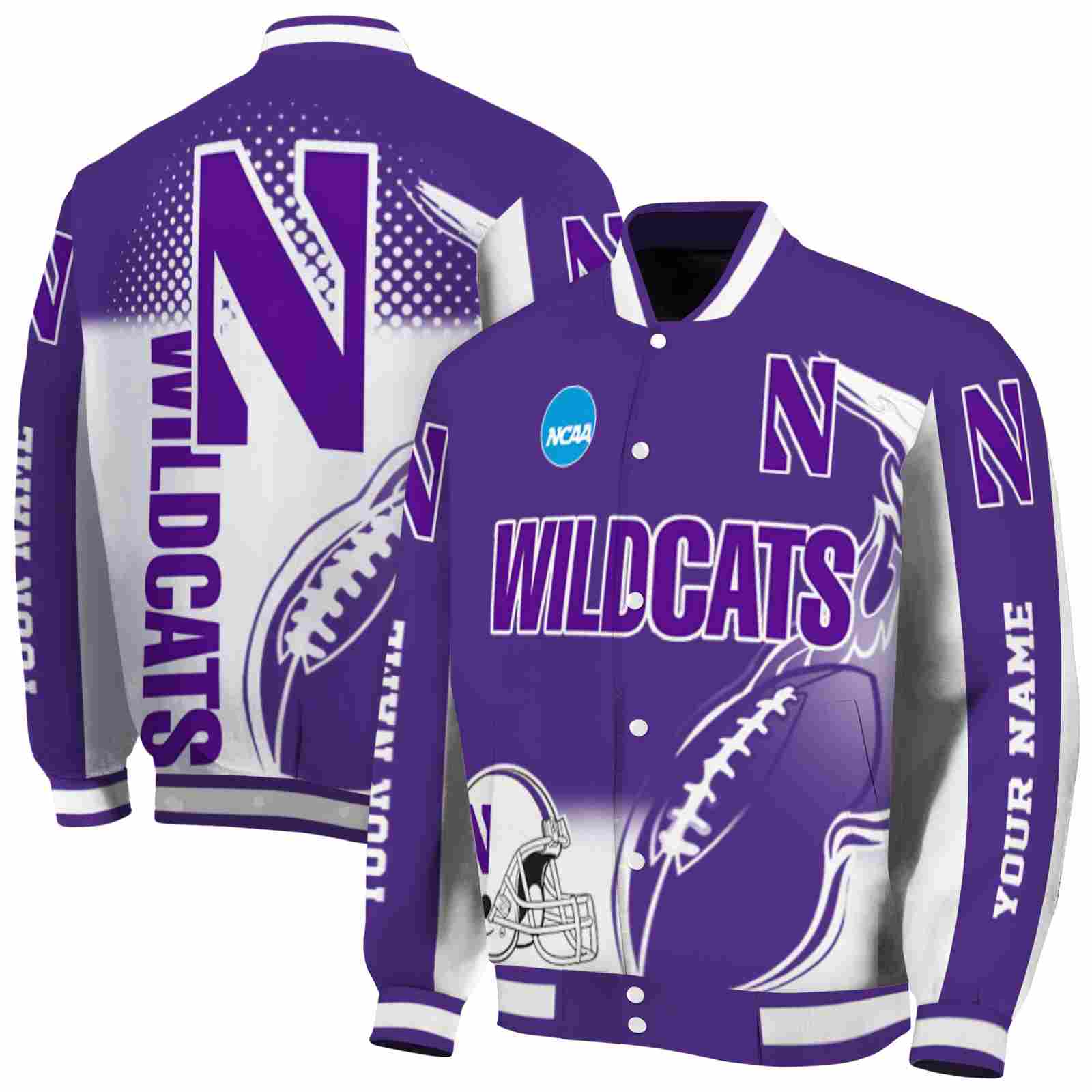 NcaaPersonalized Northwestern Wildcats Flaming Football Purple White Custom Baseball Jacket Sport Fans Gear