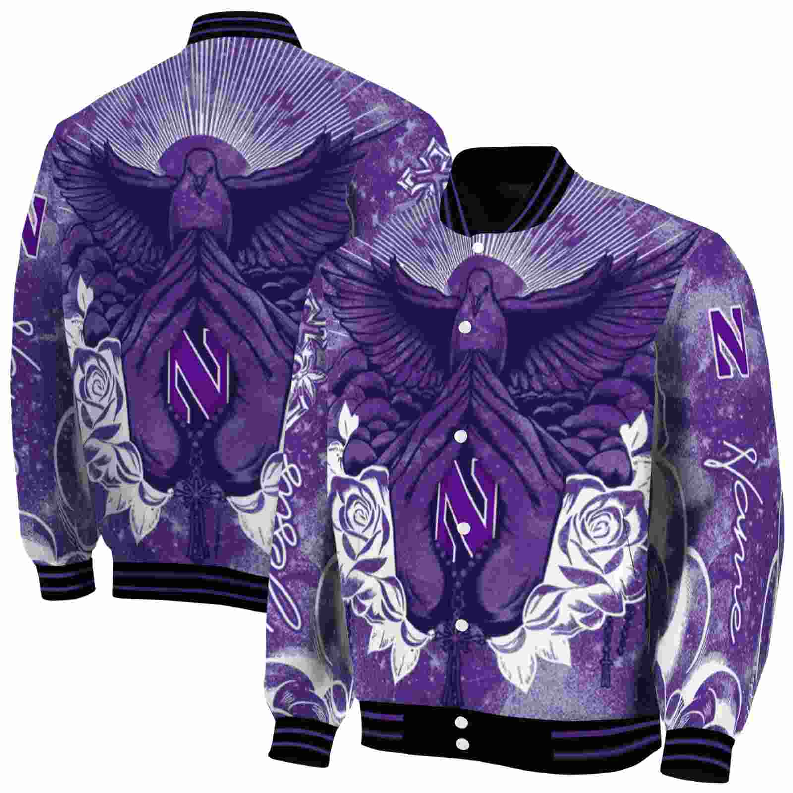 NcaaPersonalized Northwestern Wildcats Praying Hands Purple Custom Baseball Jacket Sport Fans Gear