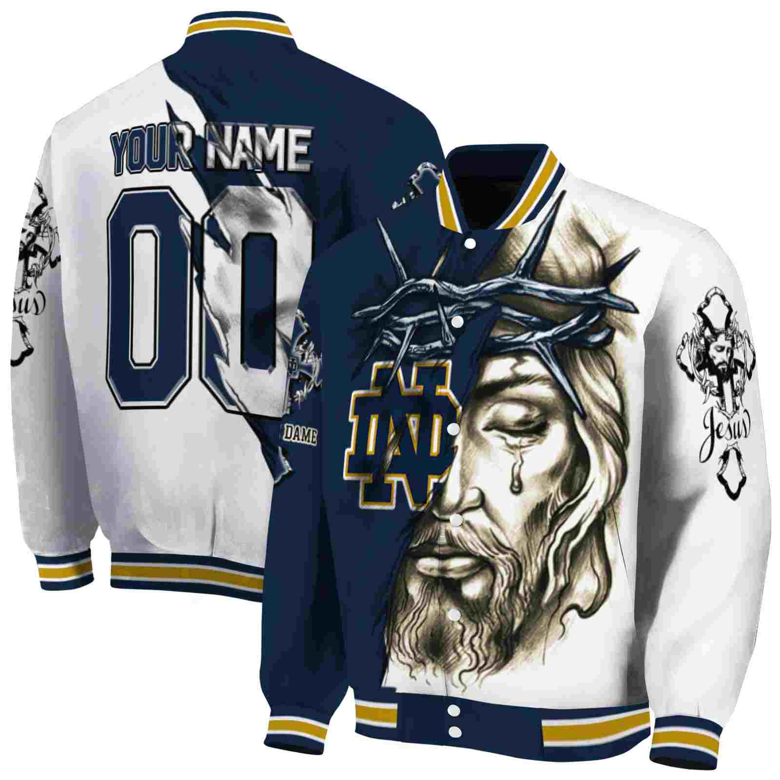 NCAA Personalized Notre Dame Fighting Irish Jesus Tears Navy White Custom Baseball Jacket Sport