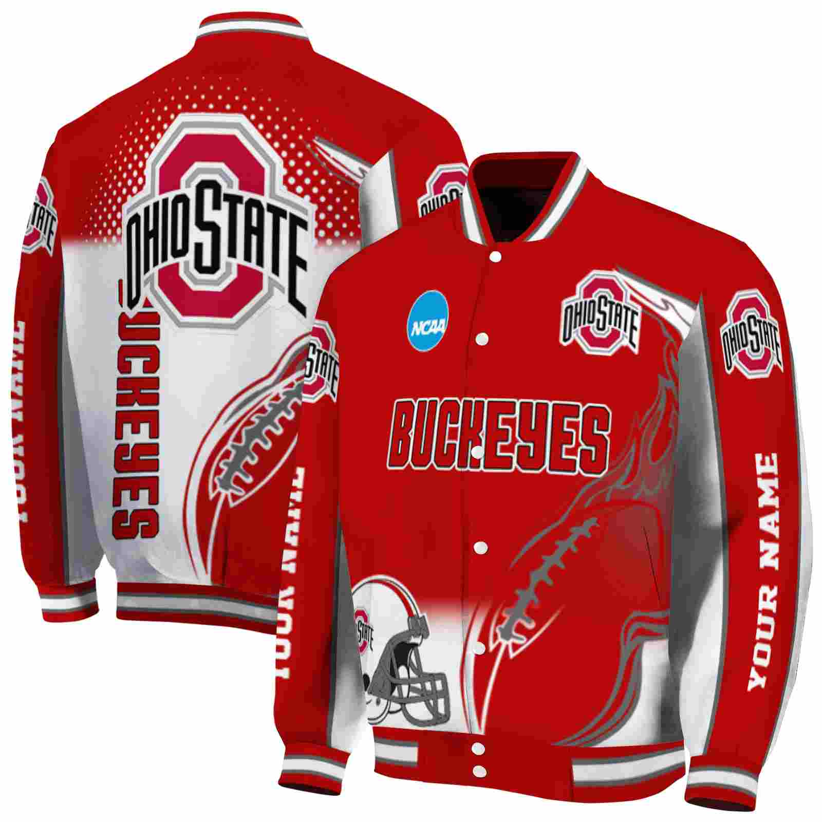NcaaPersonalized Ohio State Buckeyes Flaming Football Scarlet White Custom Baseball Jacket Sport Fans Gear