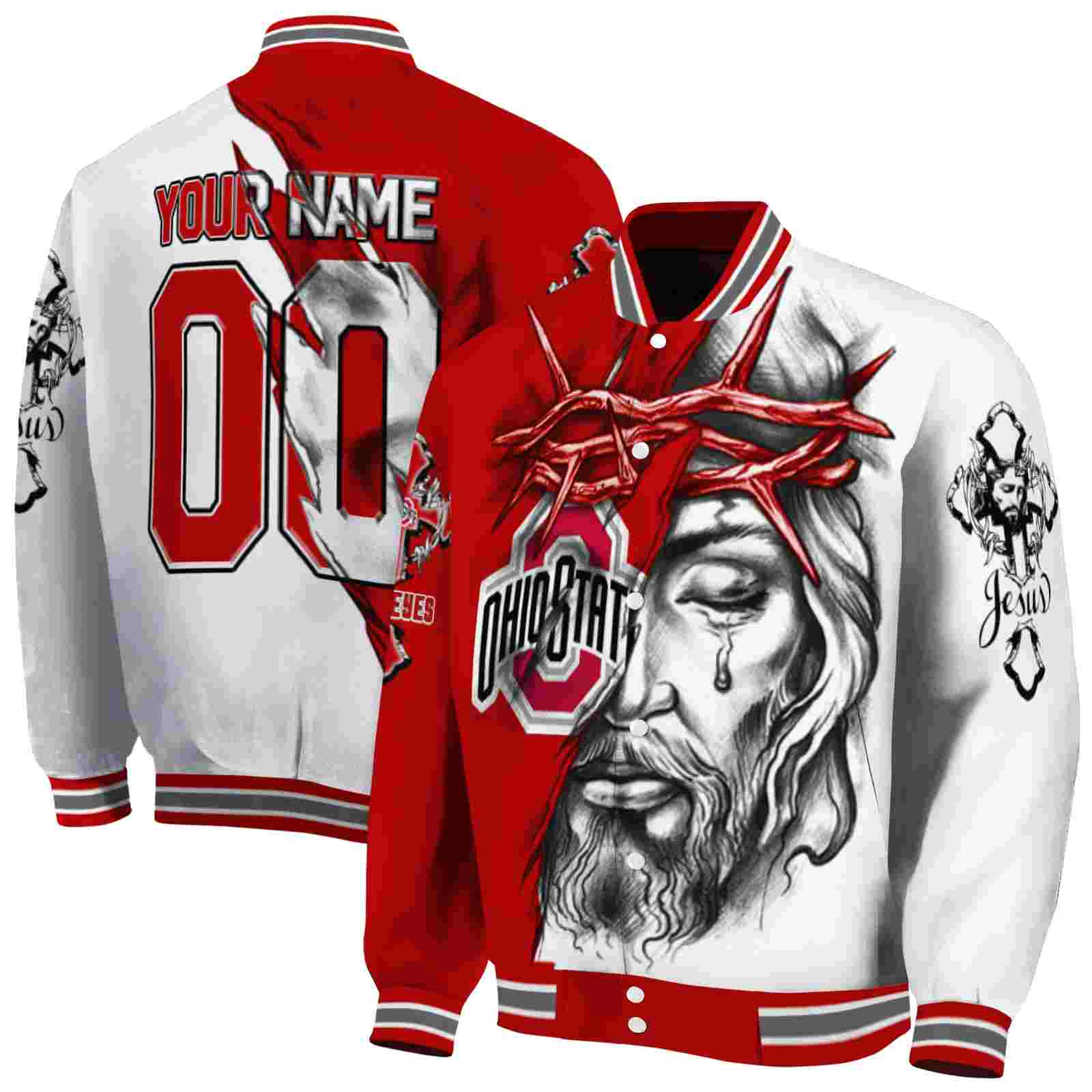 NcaaPersonalized Ohio State Buckeyes Jesus Tears Scarlet White Custom Baseball Jacket Sport Fans Gear