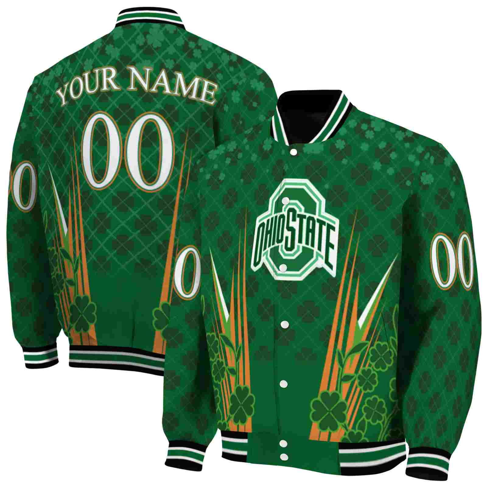 NcaaPersonalized Ohio State Buckeyes Shamrock Pattern Green Custom Baseball Jacket Sport Fans Gear