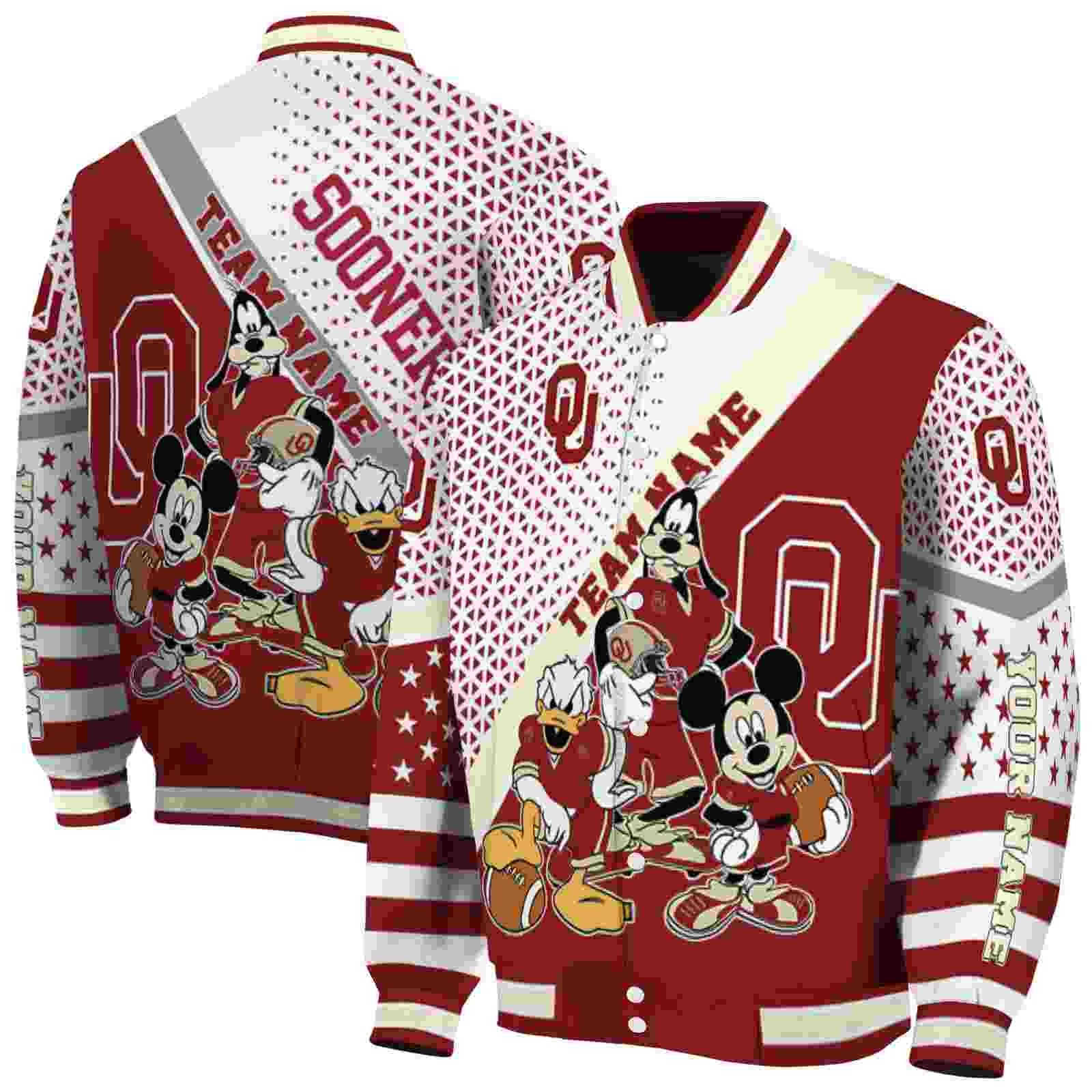NcaaPersonalized Oklahoma Sooners Mickey Donald Goofy Crimson White Custom Baseball Jacket Sport Fans Gear