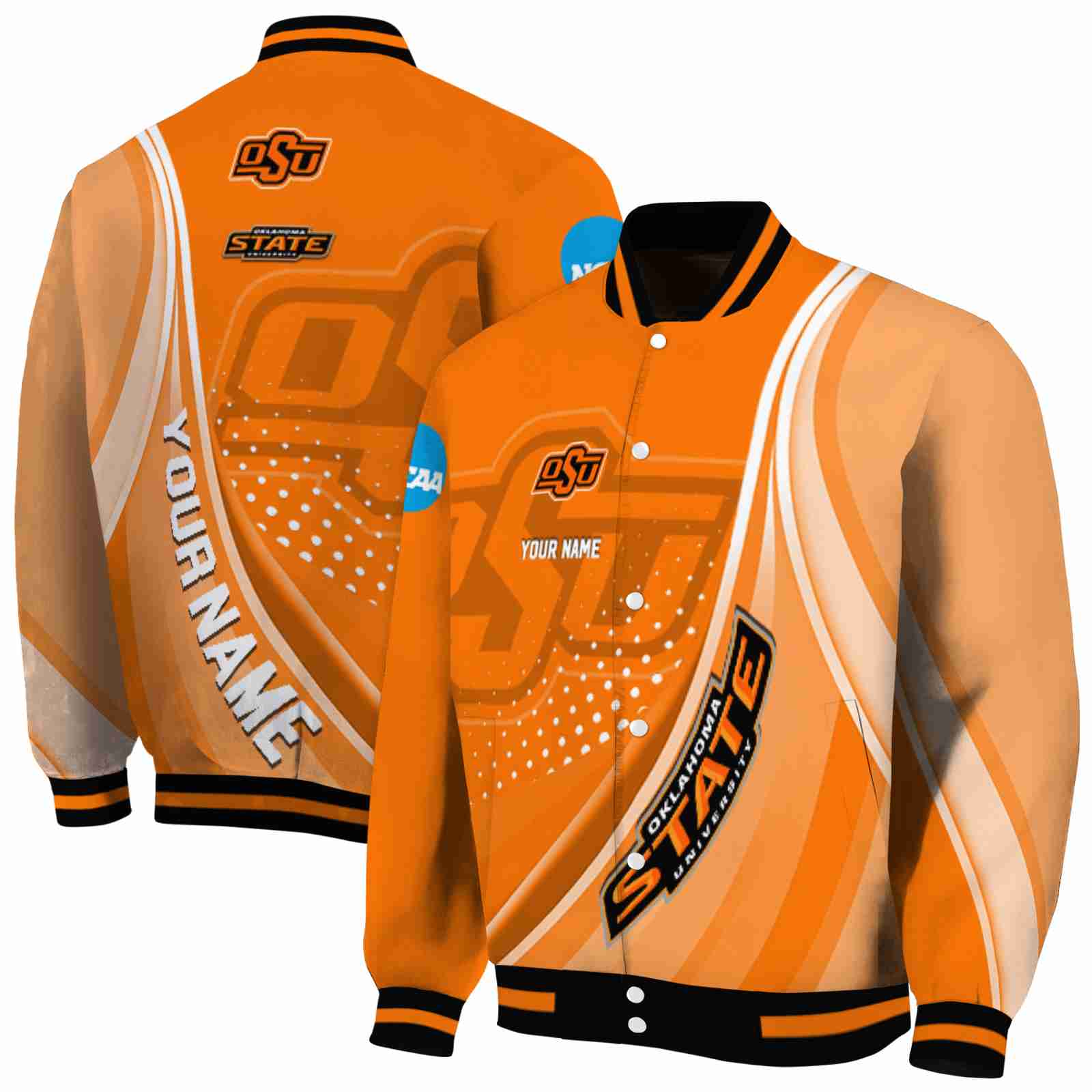 NcaaPersonalized Oklahoma State Cowboys Wave Patterns Orange Custom Baseball Jacket Sport Fans Gear