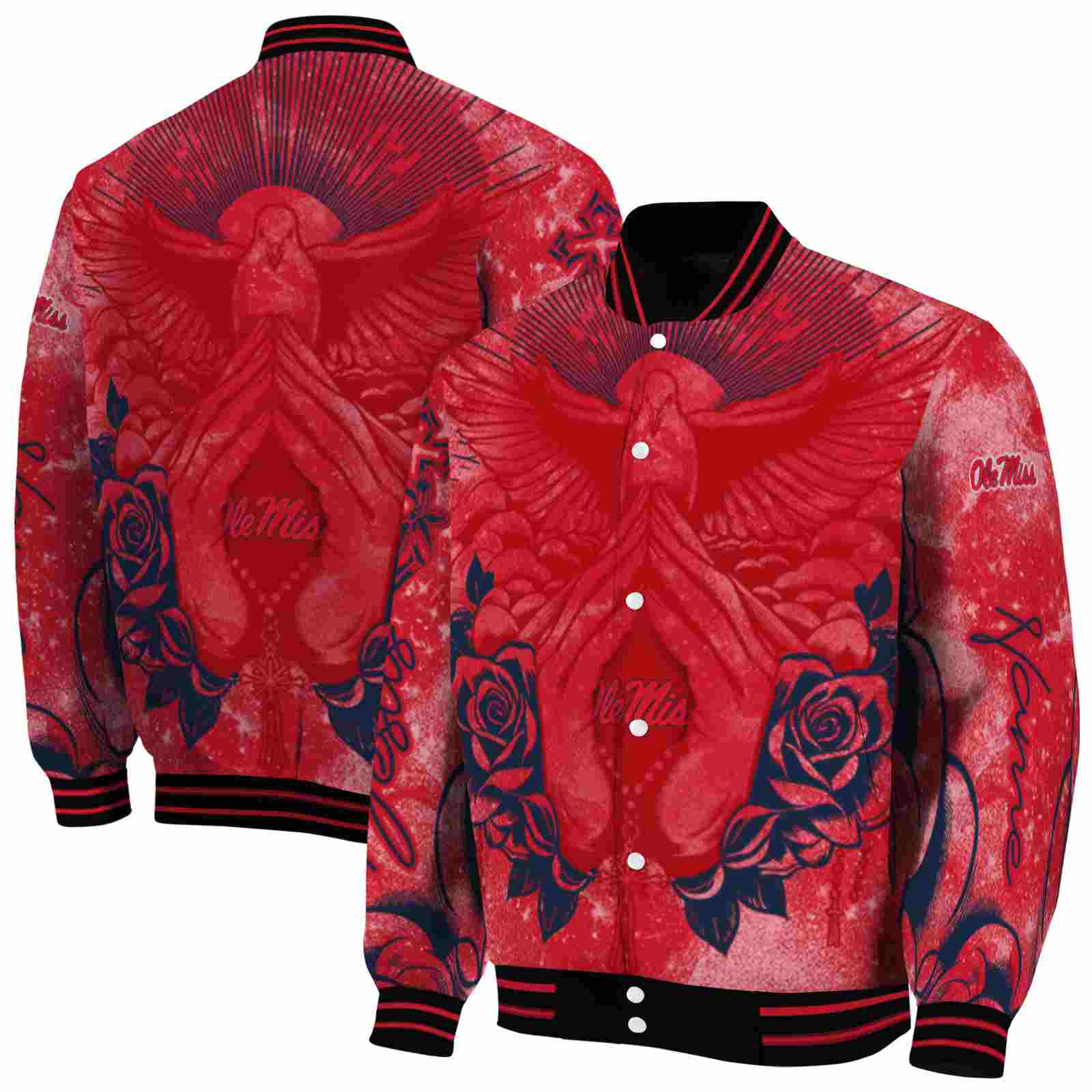 NcaaPersonalized Ole Miss Rebels Praying Hands Red Custom Baseball Jacket Sport Fans Gear