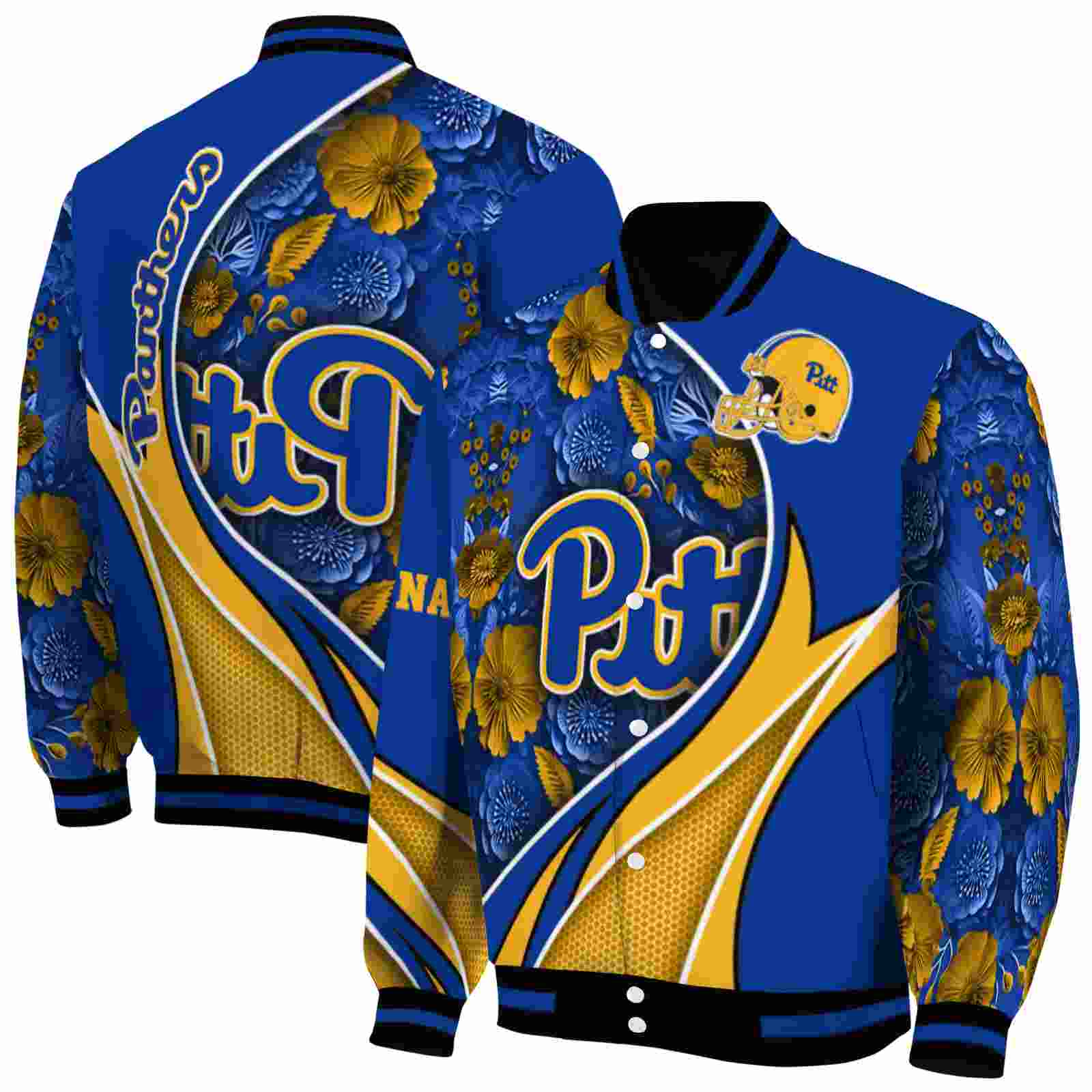 NcaaPersonalized Pittsburgh Panthers Floral Print Royal Blue Custom Baseball Jacket Sport Fans Gear