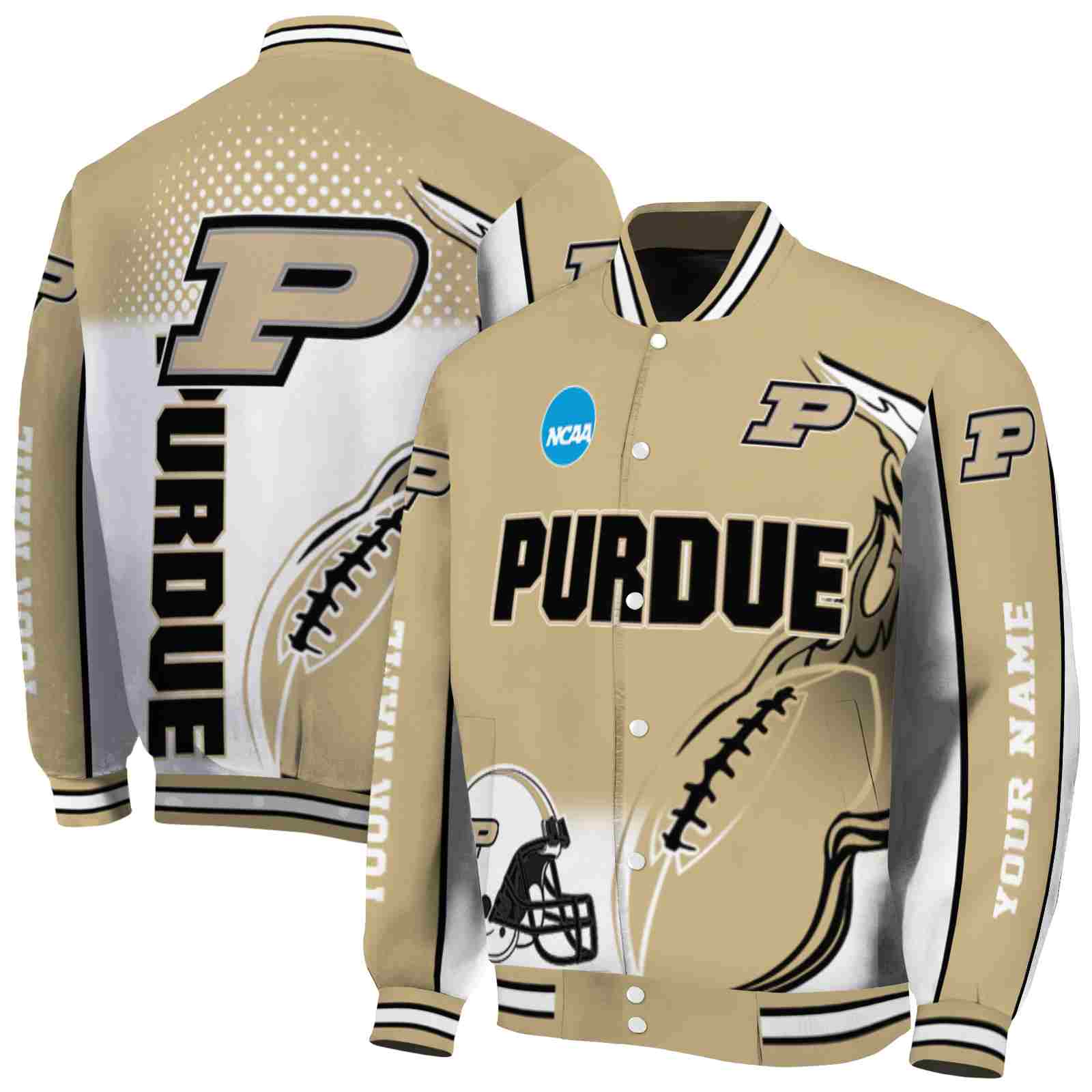 NcaaPersonalized Purdue Boilermakers Flaming Football Gold White Custom Baseball Jacket Sport Fans Gear