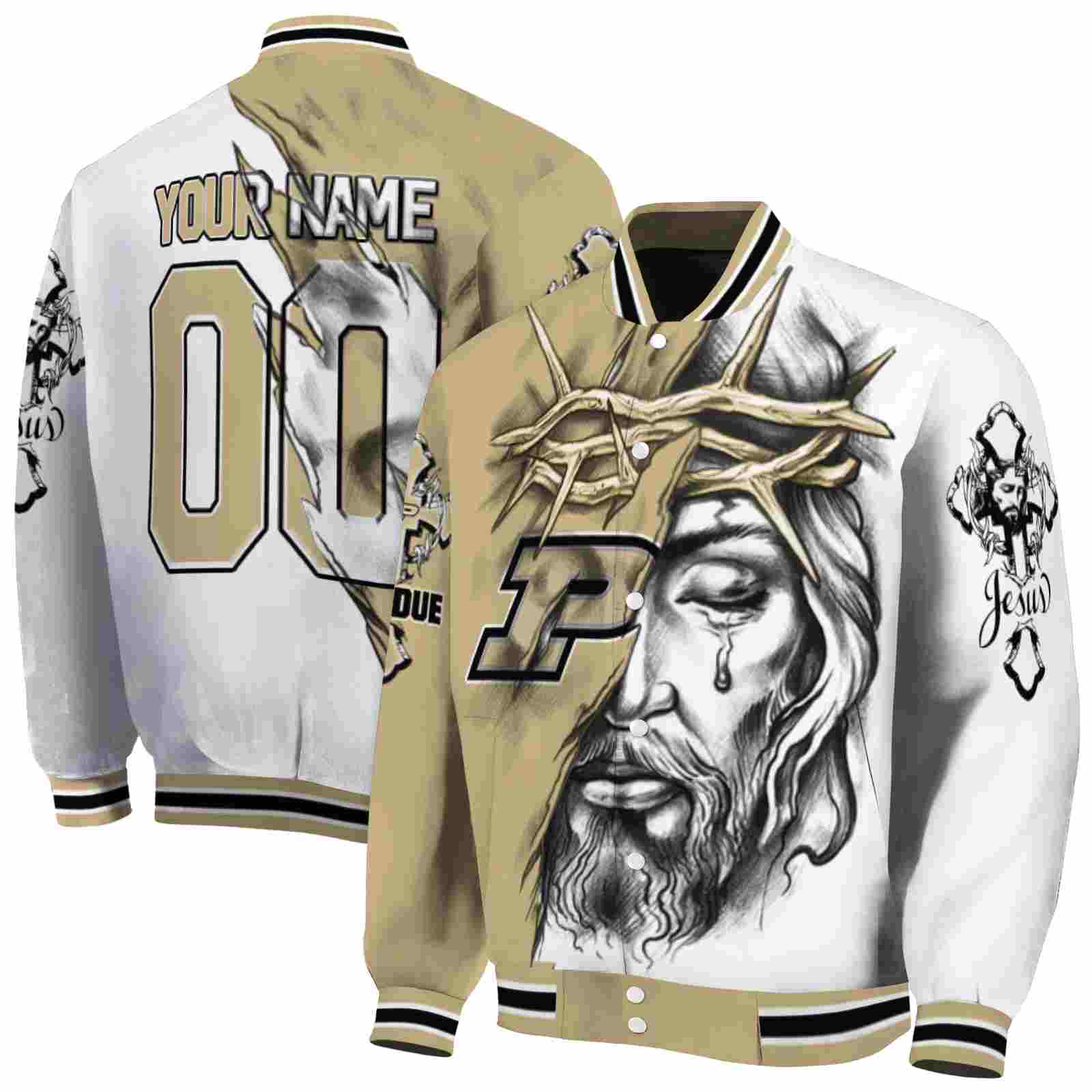 NcaaPersonalized Purdue Boilermakers Jesus Tears Gold White Custom Baseball Jacket Sport Fans Gear