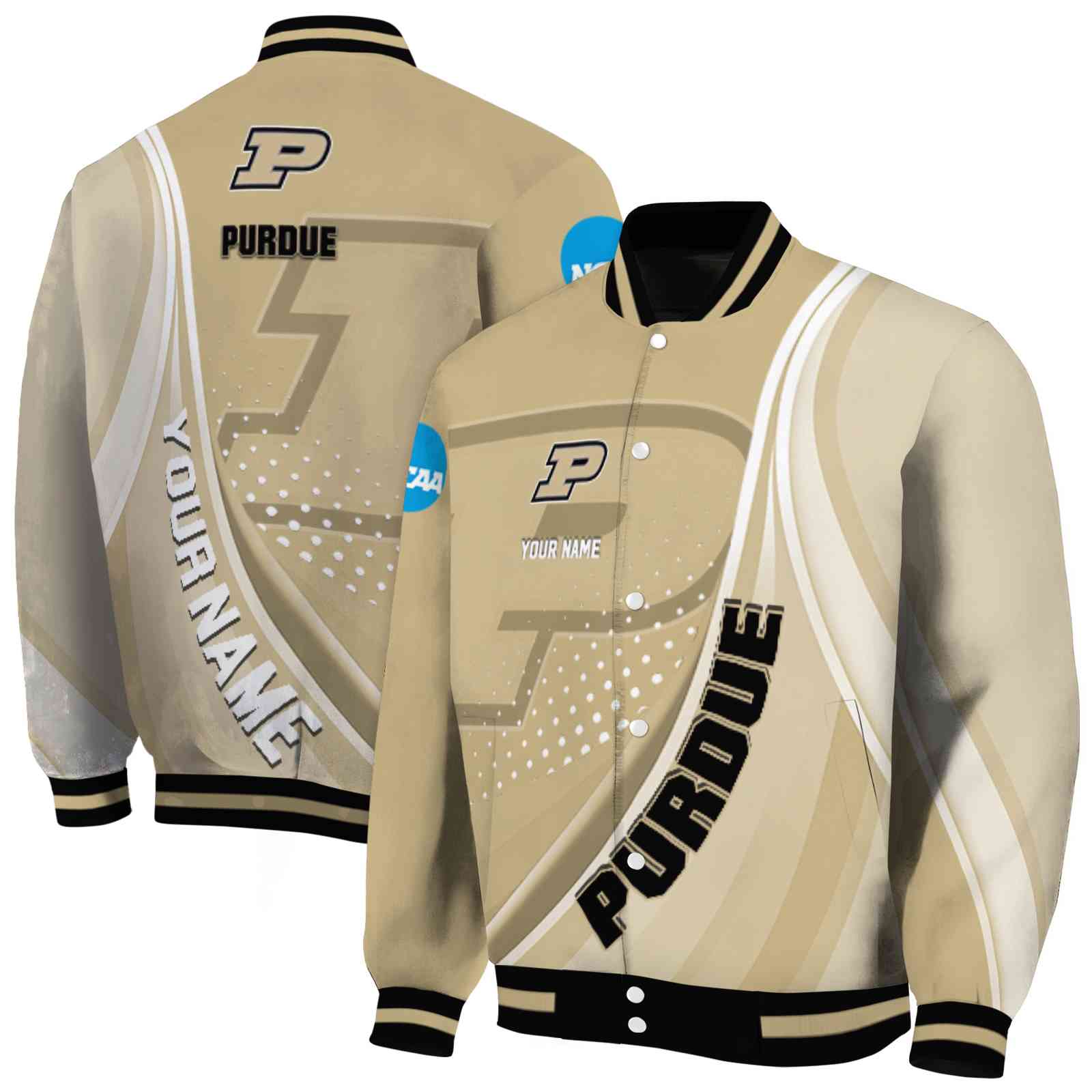NcaaPersonalized Purdue Boilermakers Wave Patterns Gold Custom Baseball Jacket Sport Fans Gear