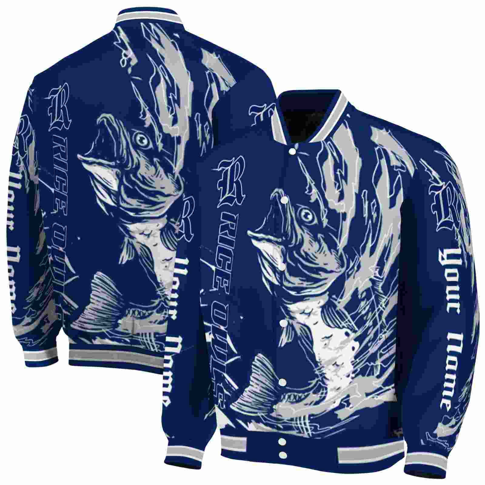 NcaaPersonalized Rice Owls Fishing Passion Navy Blue White Custom Baseball Jacket Sport Fans Gear