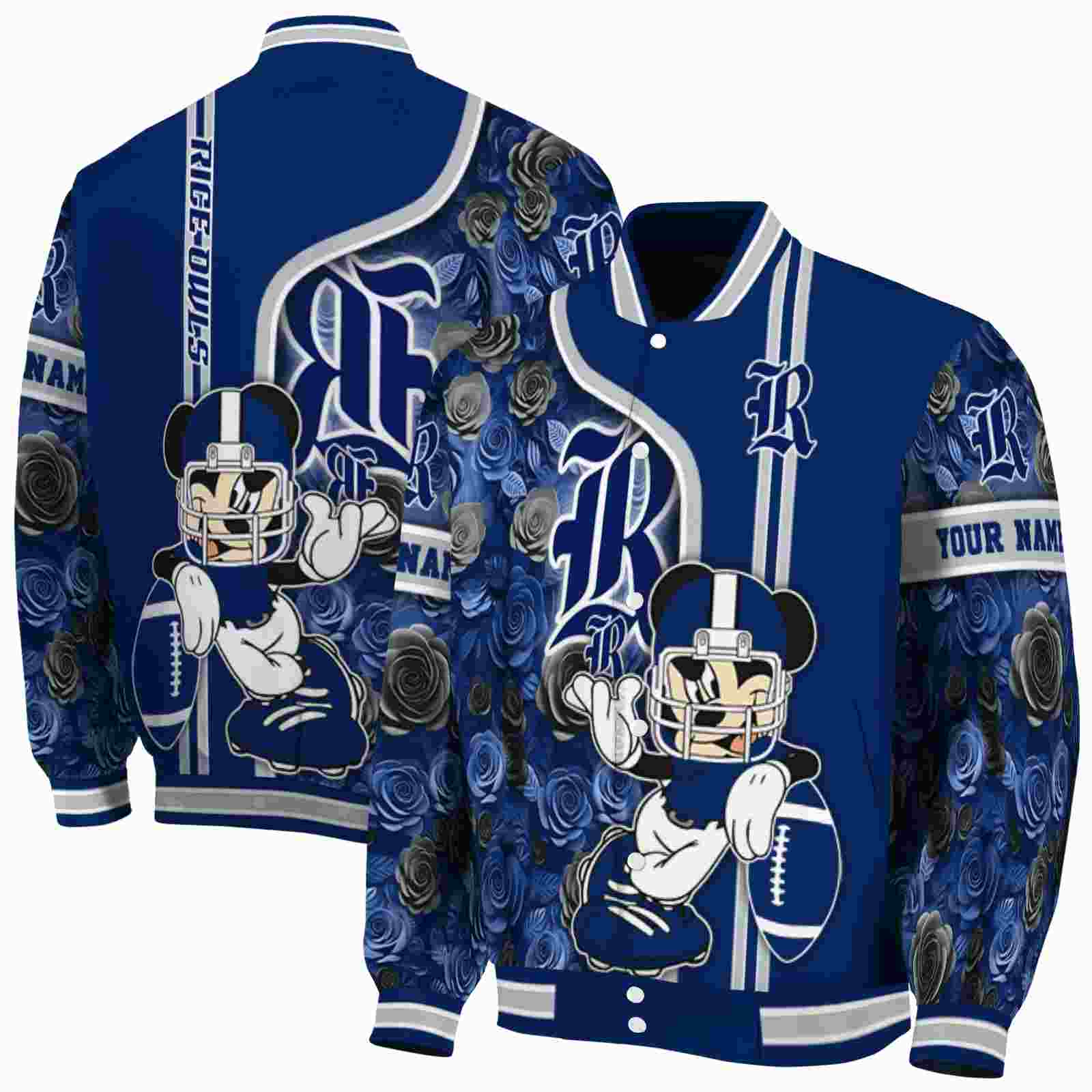 NcaaPersonalized Rice Owls Rose Mickey Navy Blue Custom Baseball Jacket Sport Fans Gear
