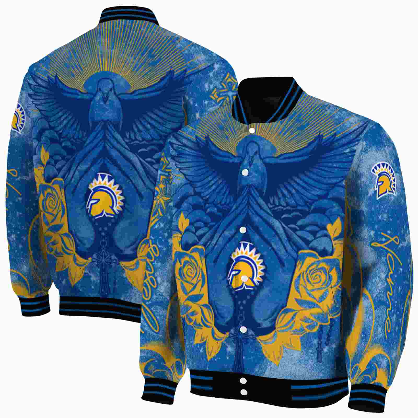 NcaaPersonalized San Jose State Spartans Praying Hands Blue Custom Baseball Jacket Sport Fans Gear