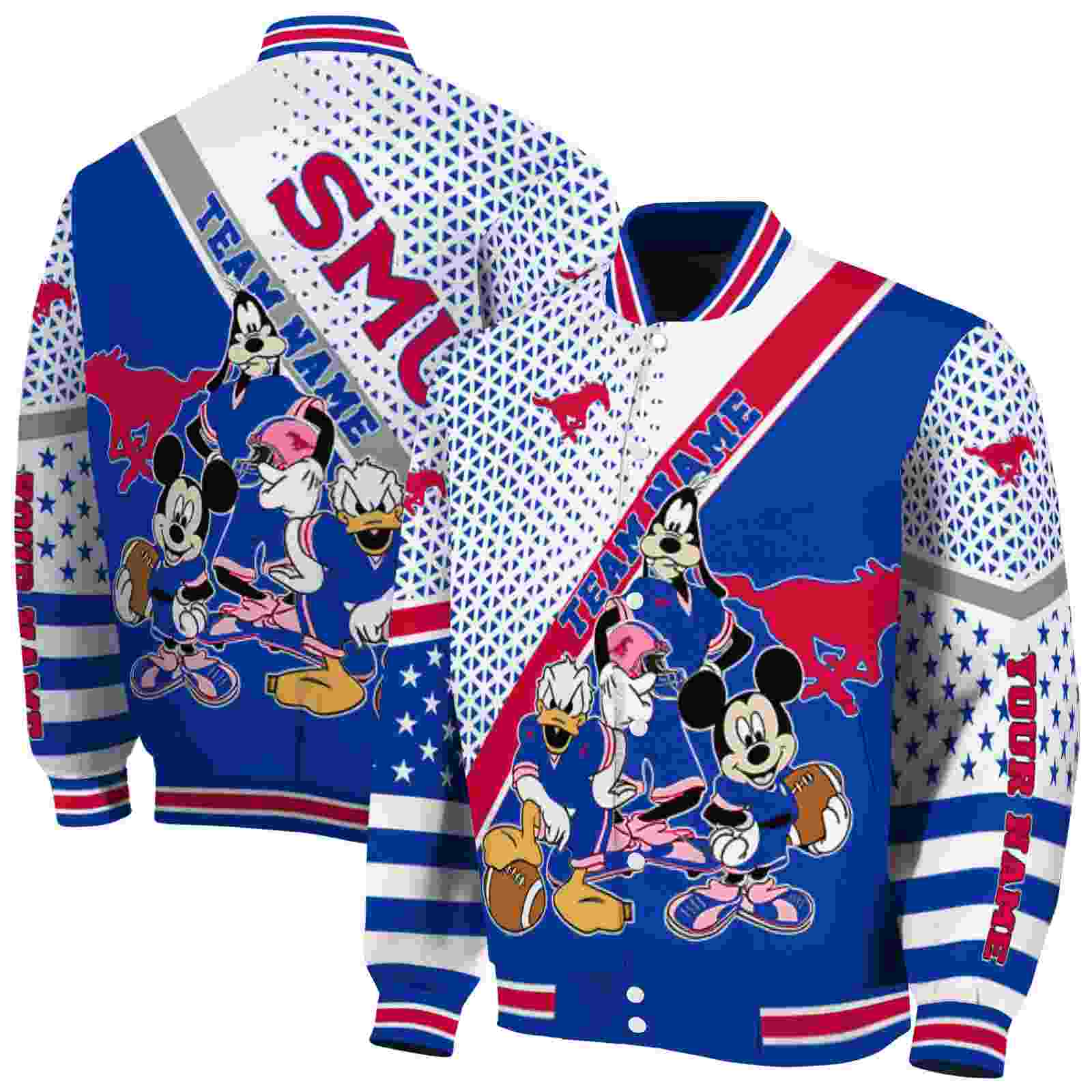 NcaaPersonalized SMU Mustangs Mickey Donald Goofy Blue White Custom Baseball Jacket Sport Fans Gear