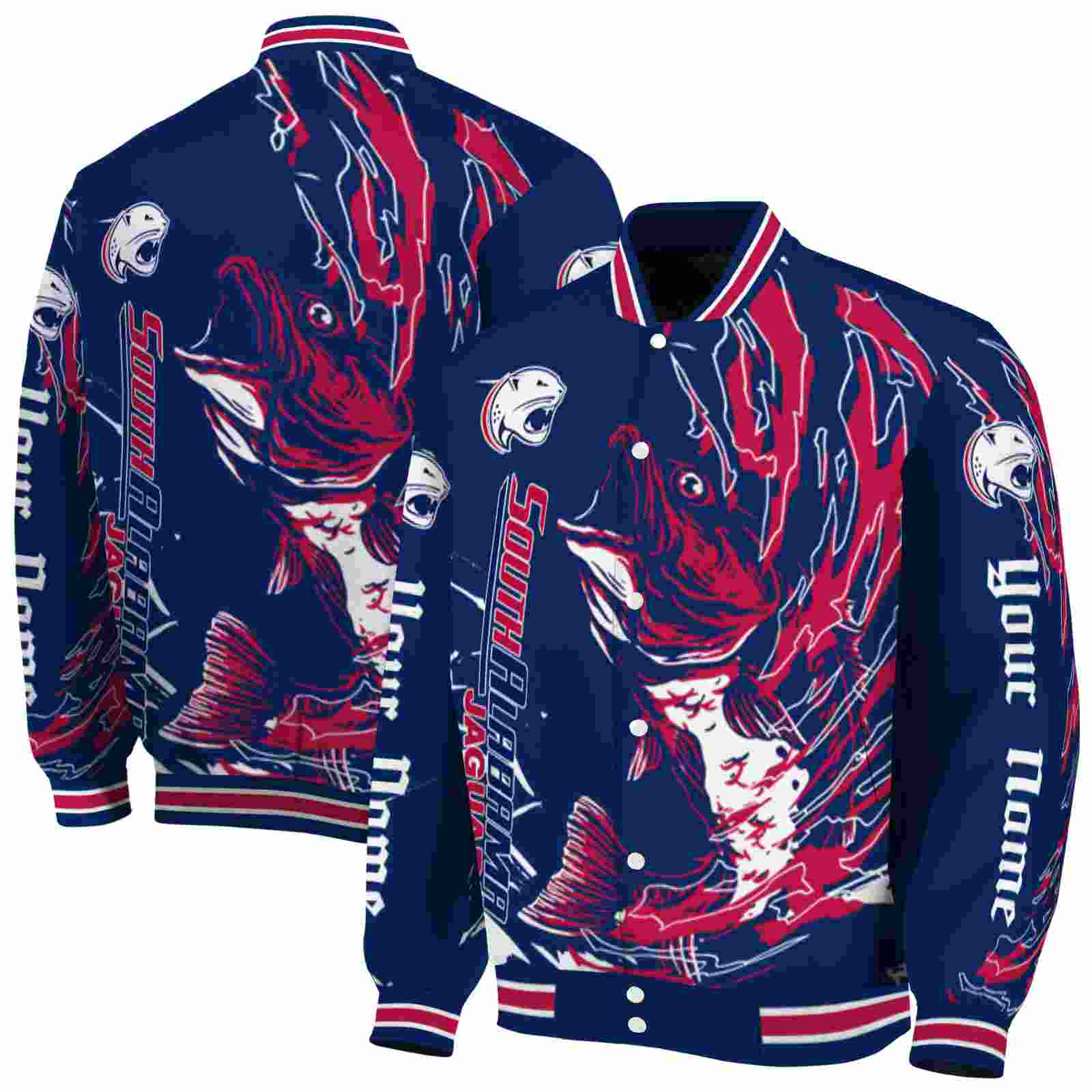 NcaaPersonalized South Alabama Jaguars Fishing Passion Blue White Custom Baseball Jacket Sport Fans Gear