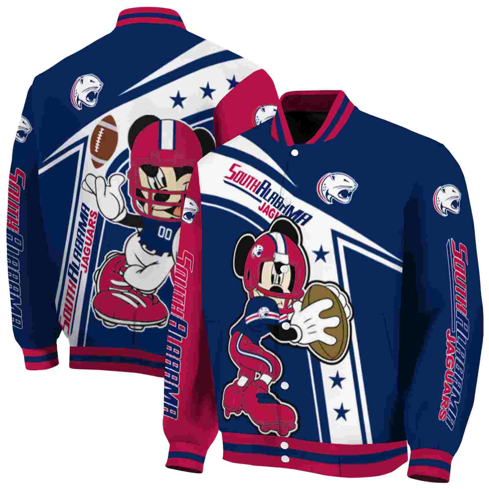 NcaaPersonalized South Alabama Jaguars Mickey Football Blue White Custom Baseball Jacket Sport Fans Gear