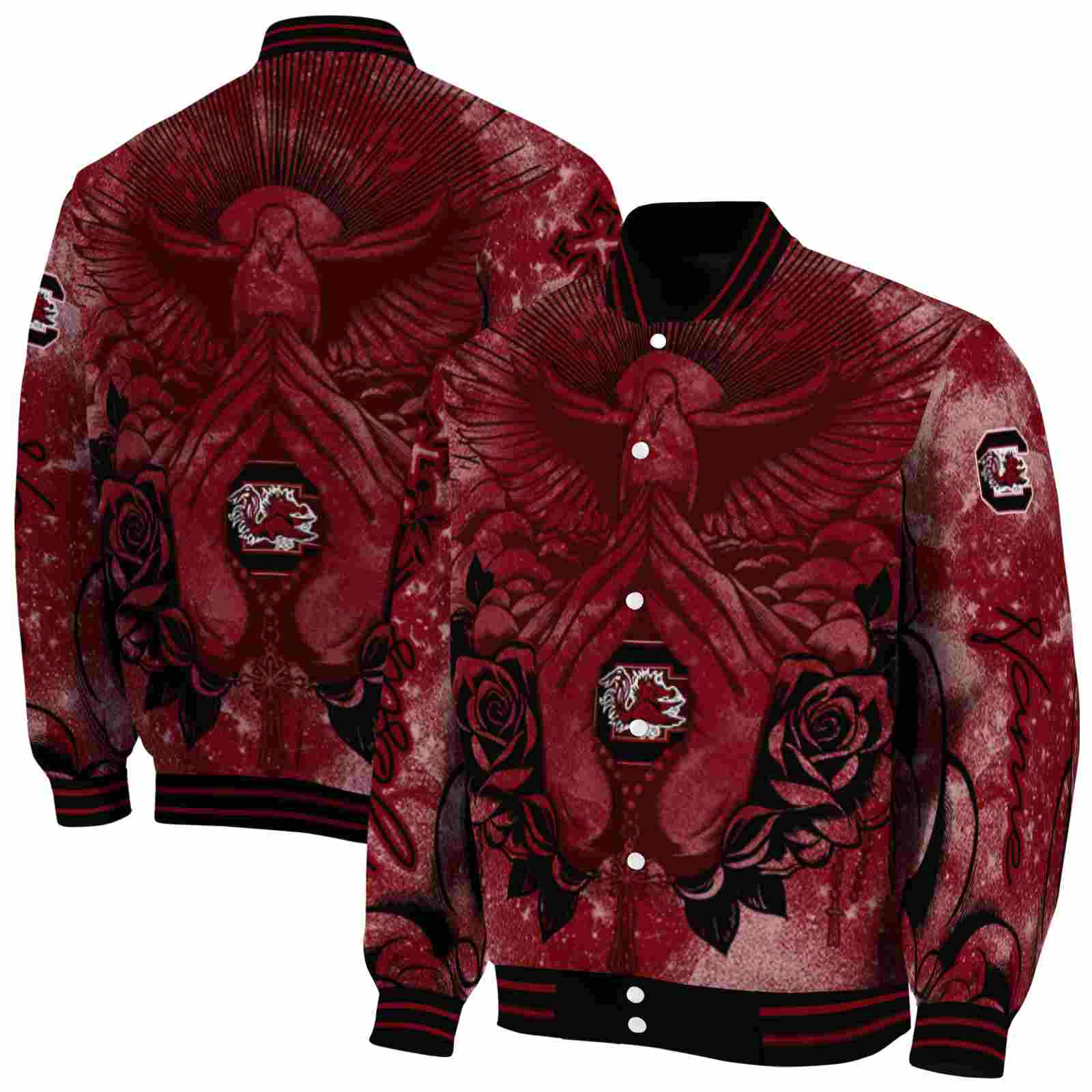 NcaaPersonalized South Carolina Gamecocks Praying Hands Garnet Custom Baseball Jacket Sport Fans Gear