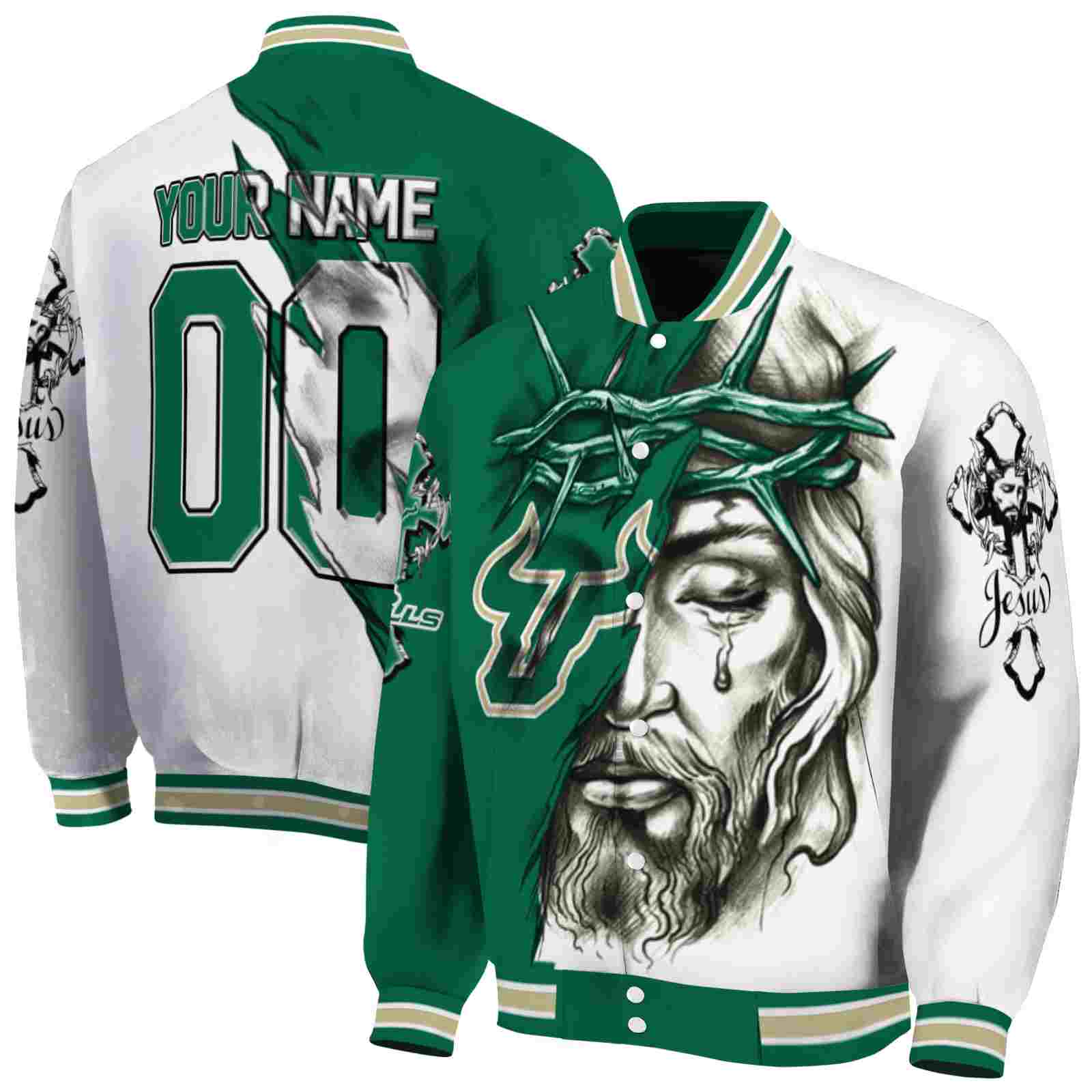 NcaaPersonalized South Florida Bulls Jesus Tears Green White Custom Baseball Jacket Sport Fans Gear