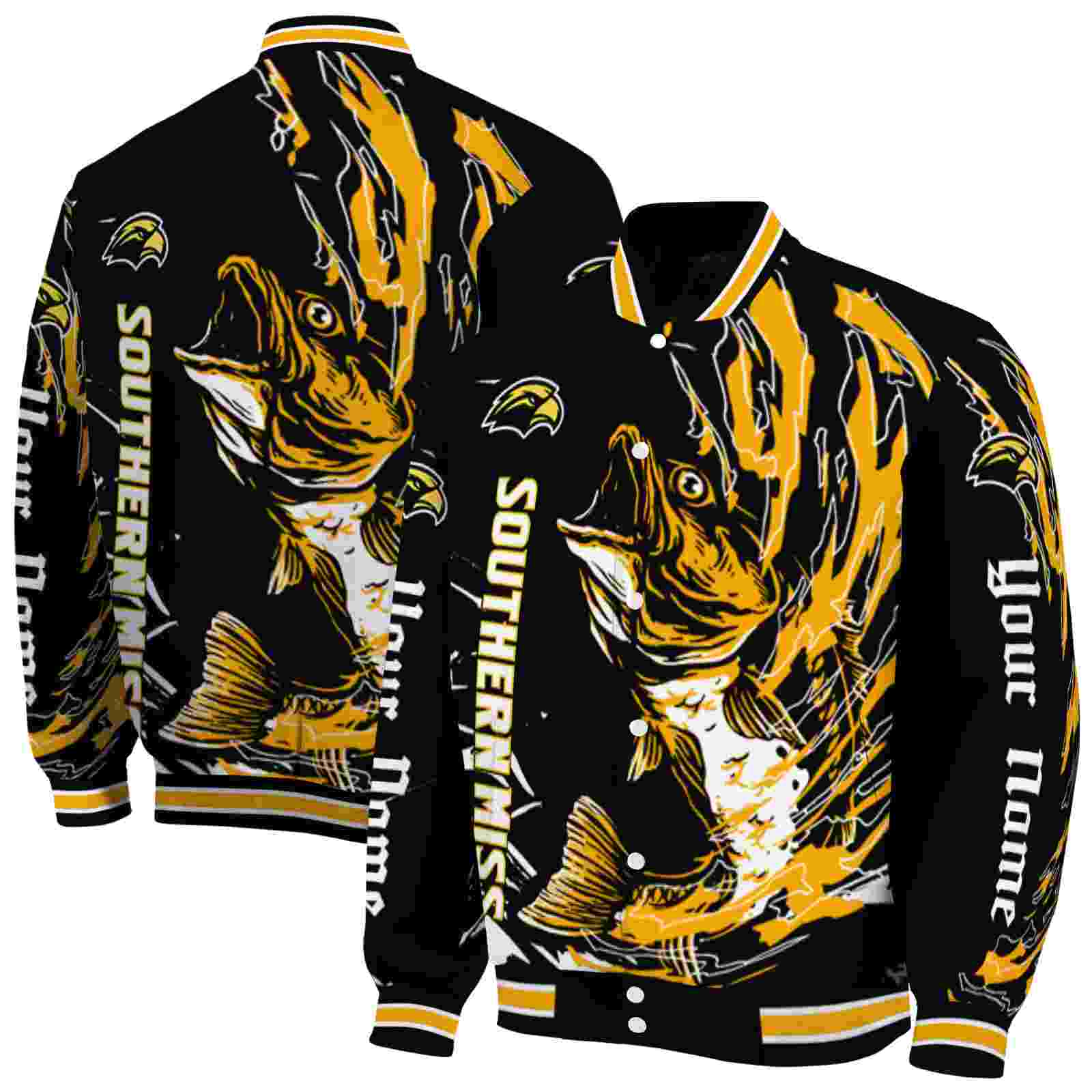 NcaaPersonalized Southern Miss Golden Eagles Fishing Passion Black White Custom Baseball Jacket Sport Fans Gear