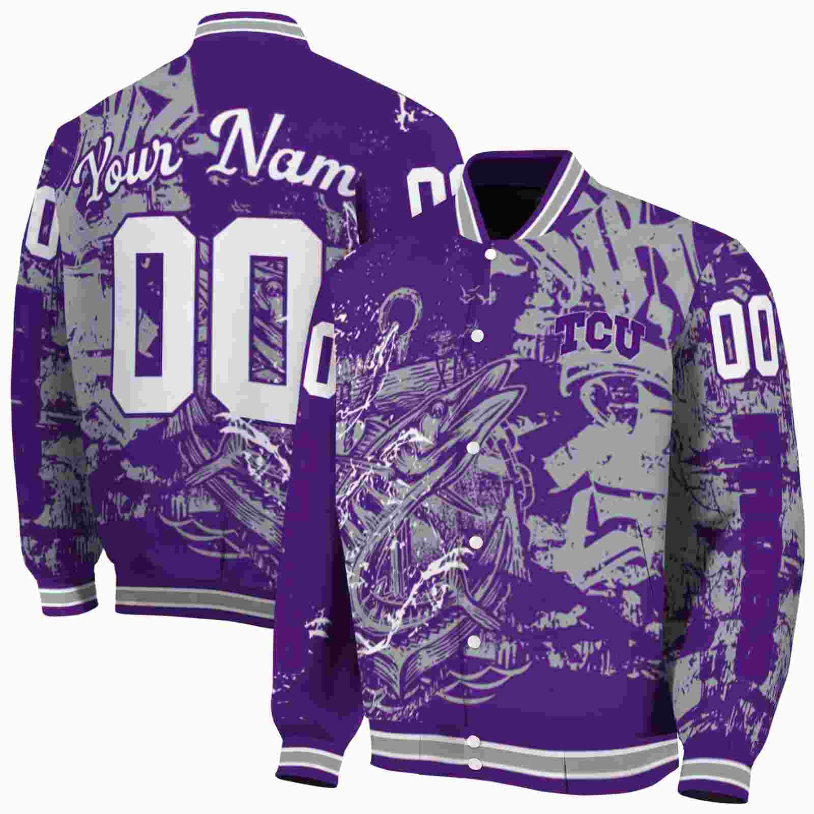 NcaaPersonalized TCU Horned Frogs Fishing Art Purple Custom Baseball Jacket Sport Fans Gear