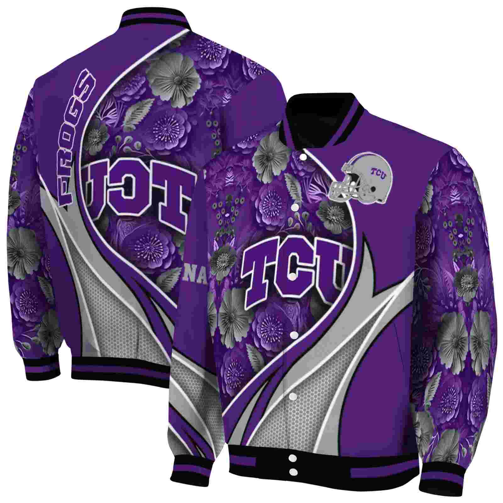 NcaaPersonalized TCU Horned Frogs Floral Print Purple Custom Baseball Jacket Sport Fans Gear
