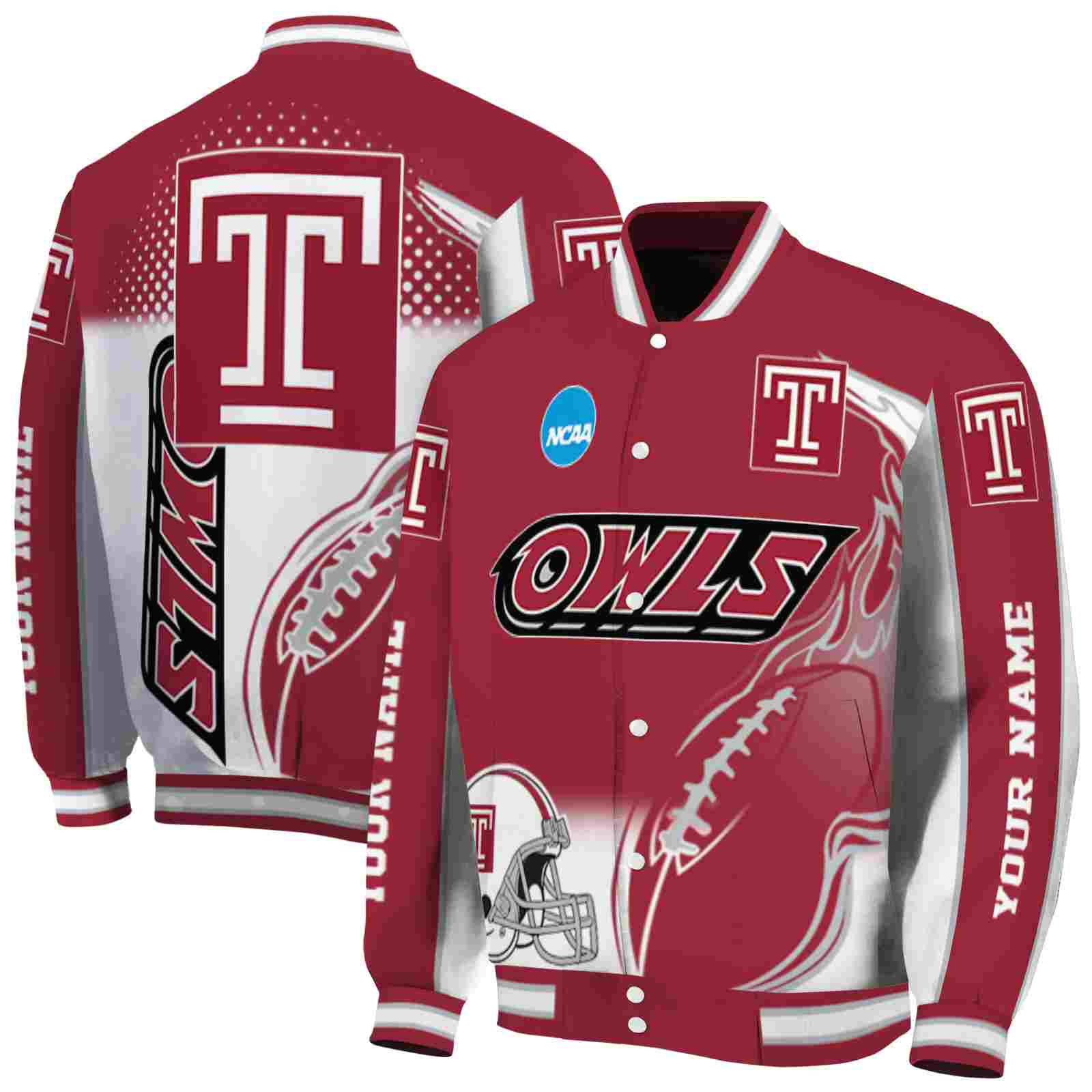 NcaaPersonalized Temple Owls Flaming Football Red White Custom Baseball Jacket Sport Fans Gear