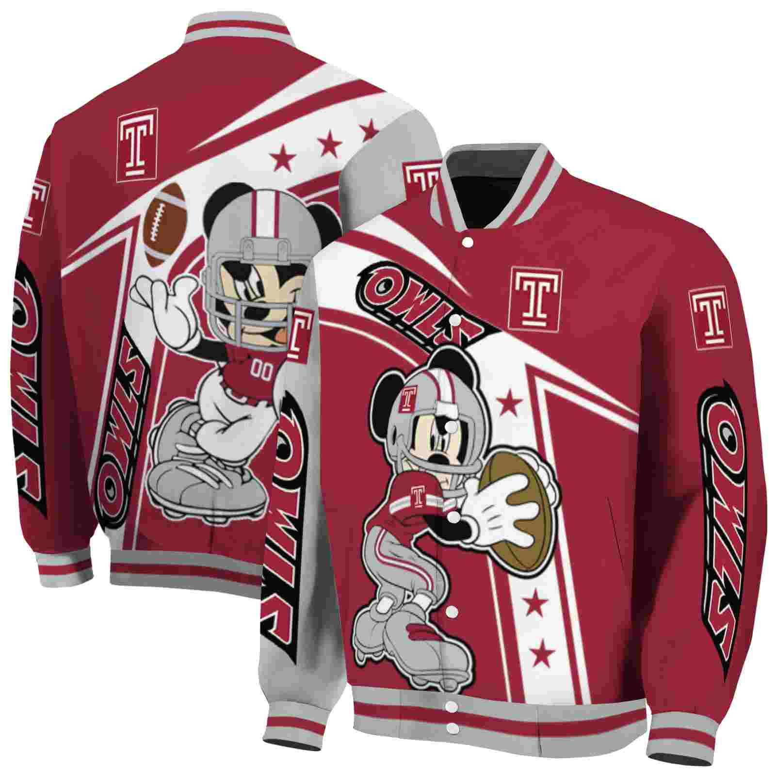 NcaaPersonalized Temple Owls Mickey Football Red White Custom Baseball Jacket Sport Fans Gear