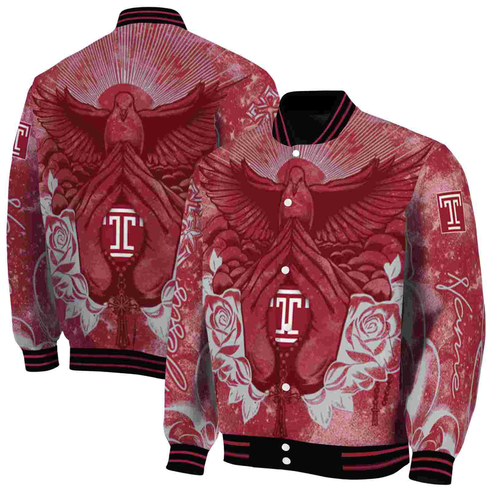 NcaaPersonalized Temple Owls Praying Hands Red Custom Baseball Jacket Sport Fans Gear