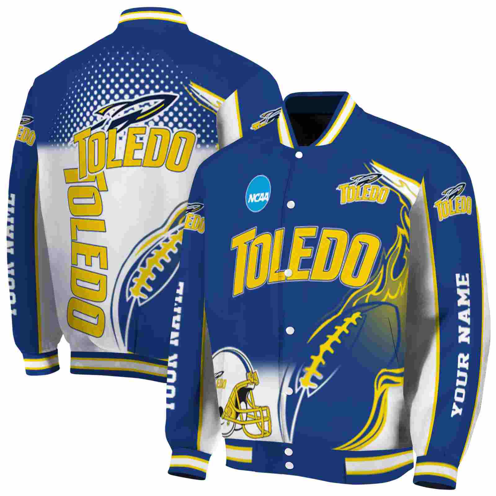 NcaaPersonalized Toledo Rockets Flaming Football Blue White Custom Baseball Jacket Sport Fans Gear