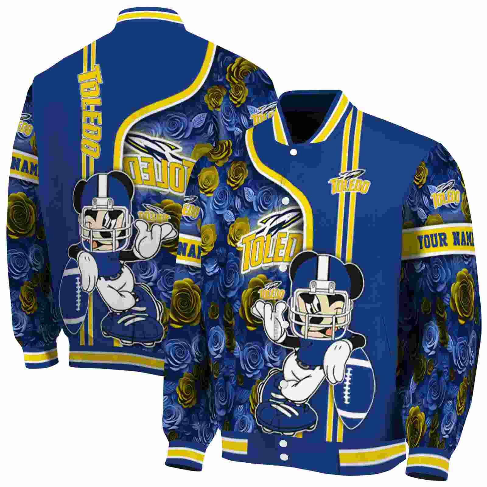 NcaaPersonalized Toledo Rockets Rose Mickey Blue Custom Baseball Jacket Sport Fans Gear