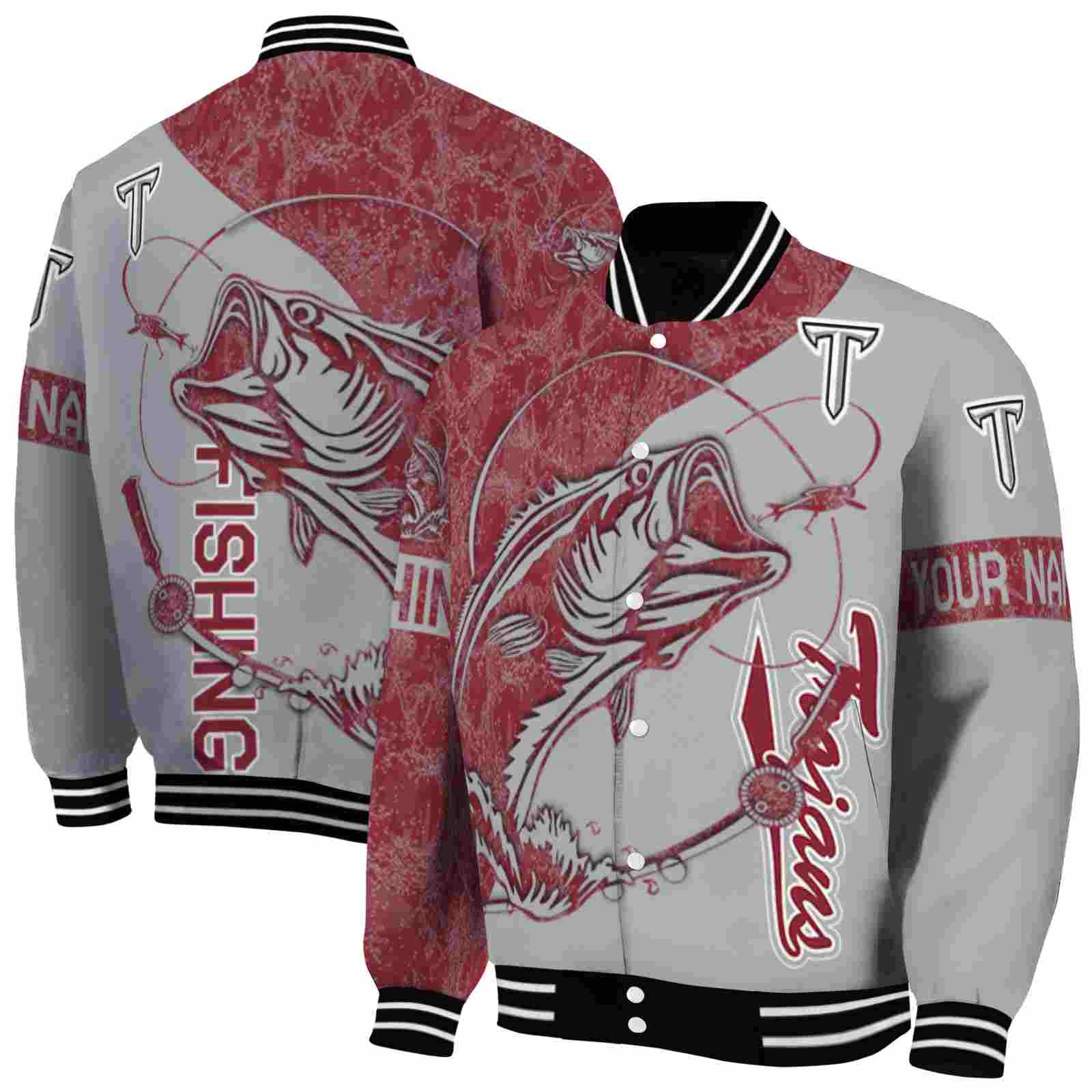 NcaaPersonalized Troy Trojans Fishing Rod Grey Custom Baseball Jacket Sport Fans Gear