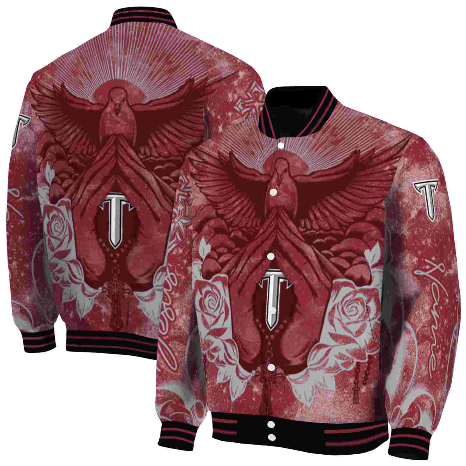 NcaaPersonalized Troy Trojans Praying Hands Red Custom Baseball Jacket Sport Fans Gear
