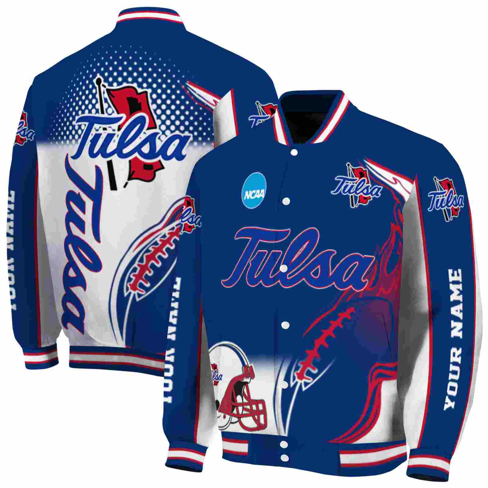 NcaaPersonalized Tulsa Golden Hurricane Flaming Football Blue White Custom Baseball Jacket Sport Fans Gear